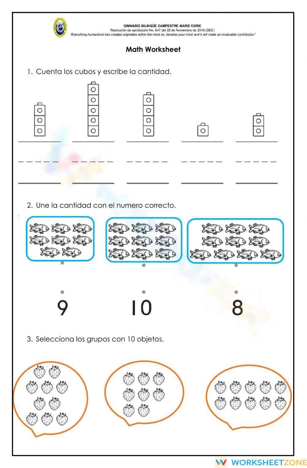 Math Worksheet on Inclusion - Page 1