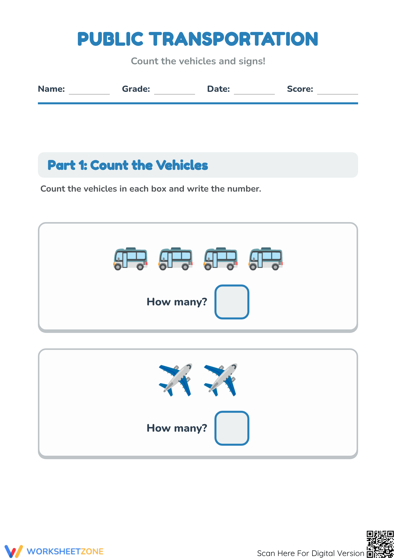 Printable Public Transportation Counting Worksheet K-1 - Page 1
