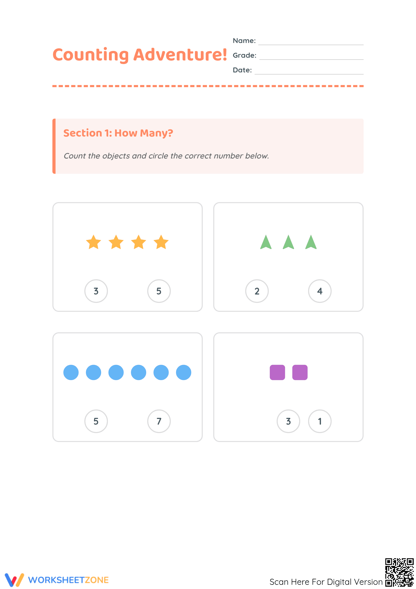 Grade K Counting Adventure — Printable No-Prep Worksheet - Page 1