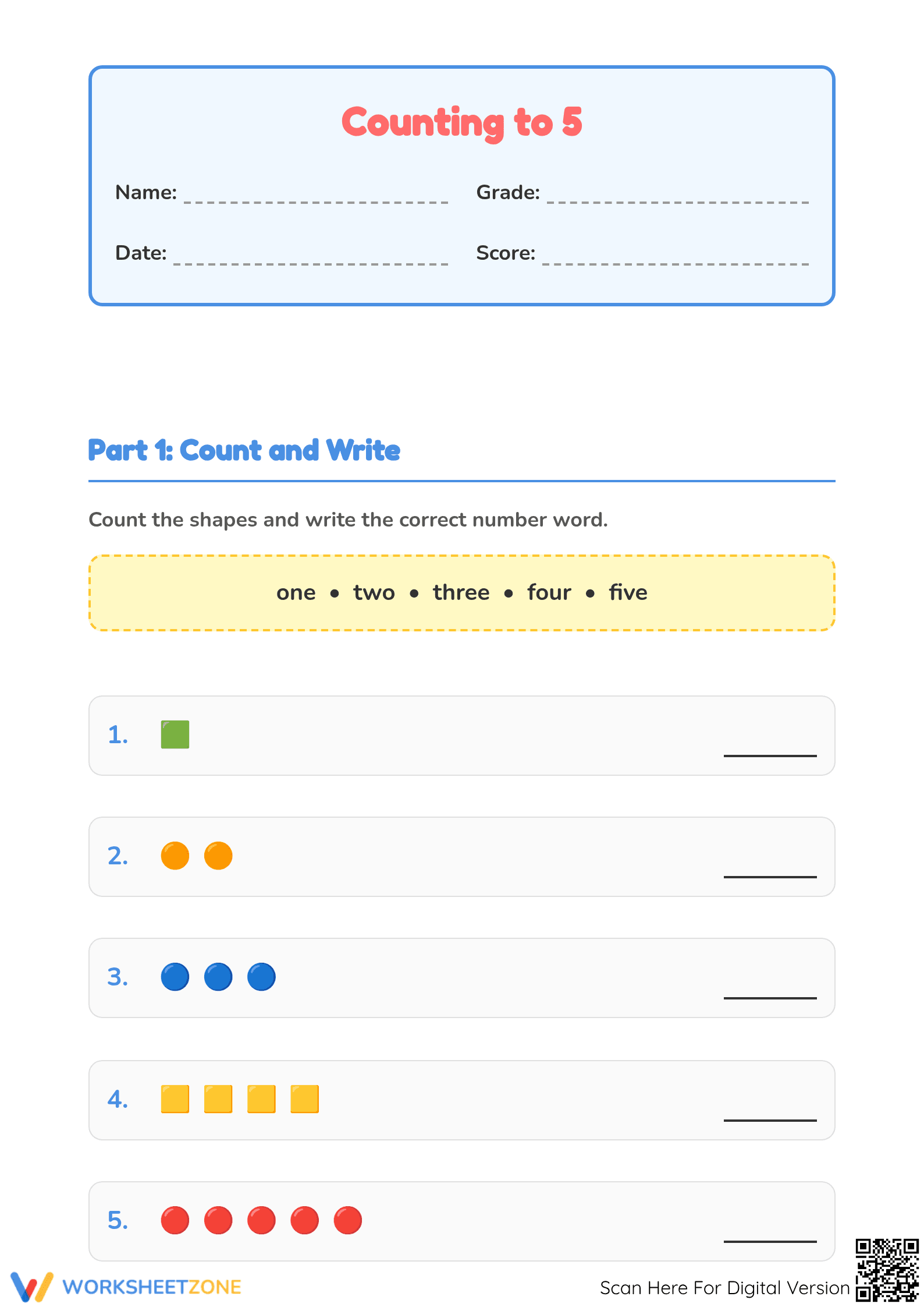 Counting to 5 with Shapes | Essential Grade 1 Math - Page 1