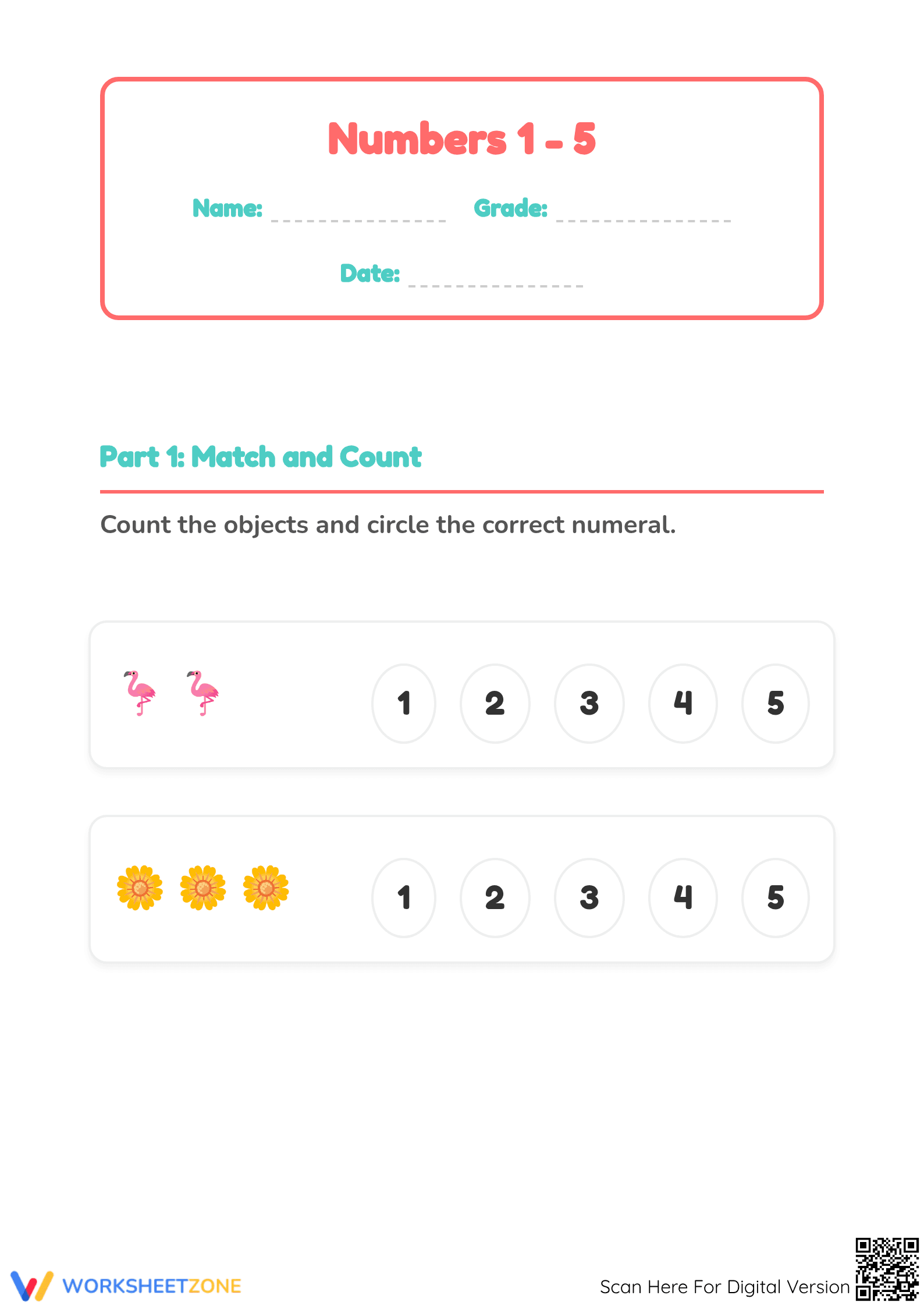 Essential Numbers 1 to 5 Counting Worksheet | Grade K - Page 1