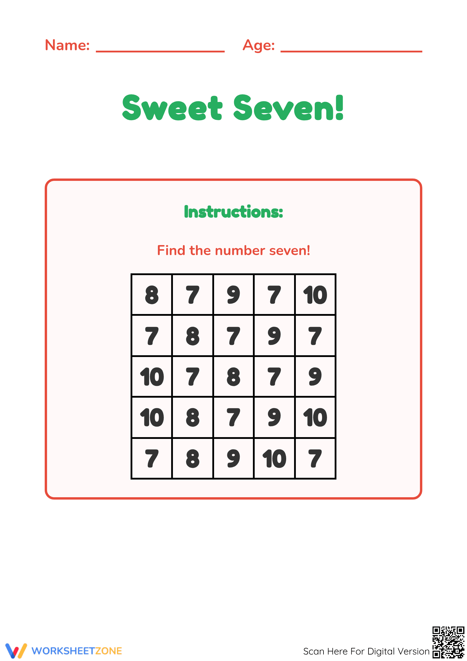 Printable Number 7 Worksheet: Essential Kindergarten Math - Page 1