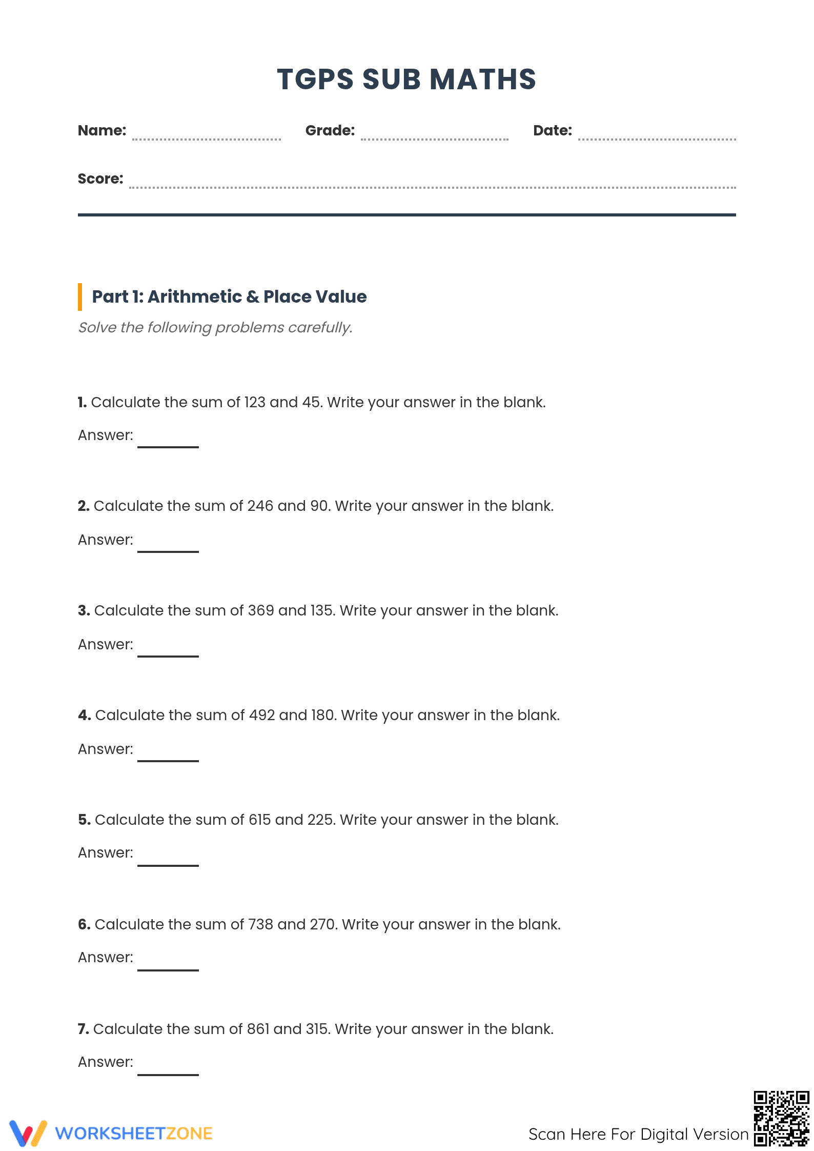 Printable Grade 4 Math Worksheet: Addition and Decimals - Page 1