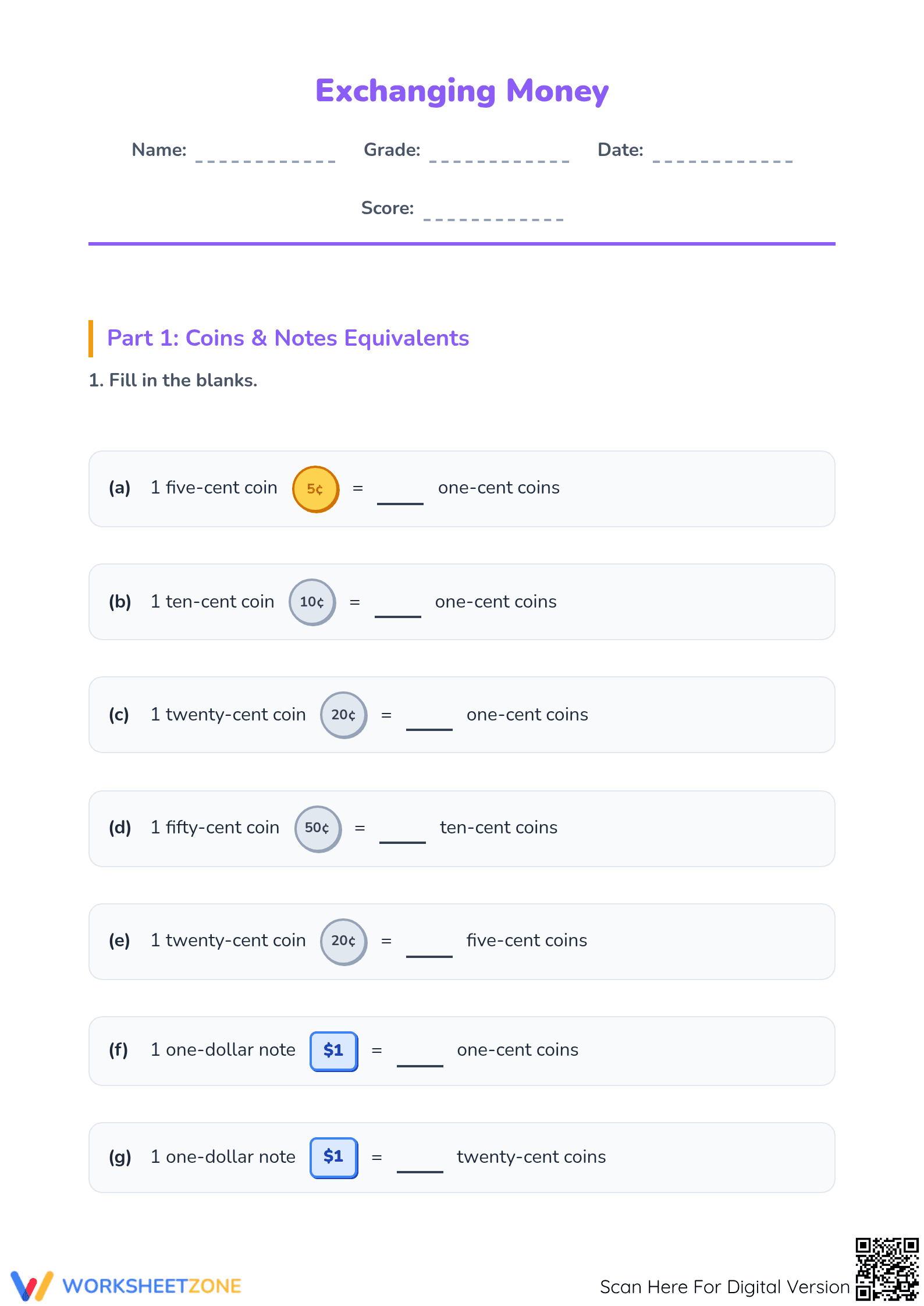 Brunei Currency Exchange Printable Worksheet | Grade 2 Math - Page 1