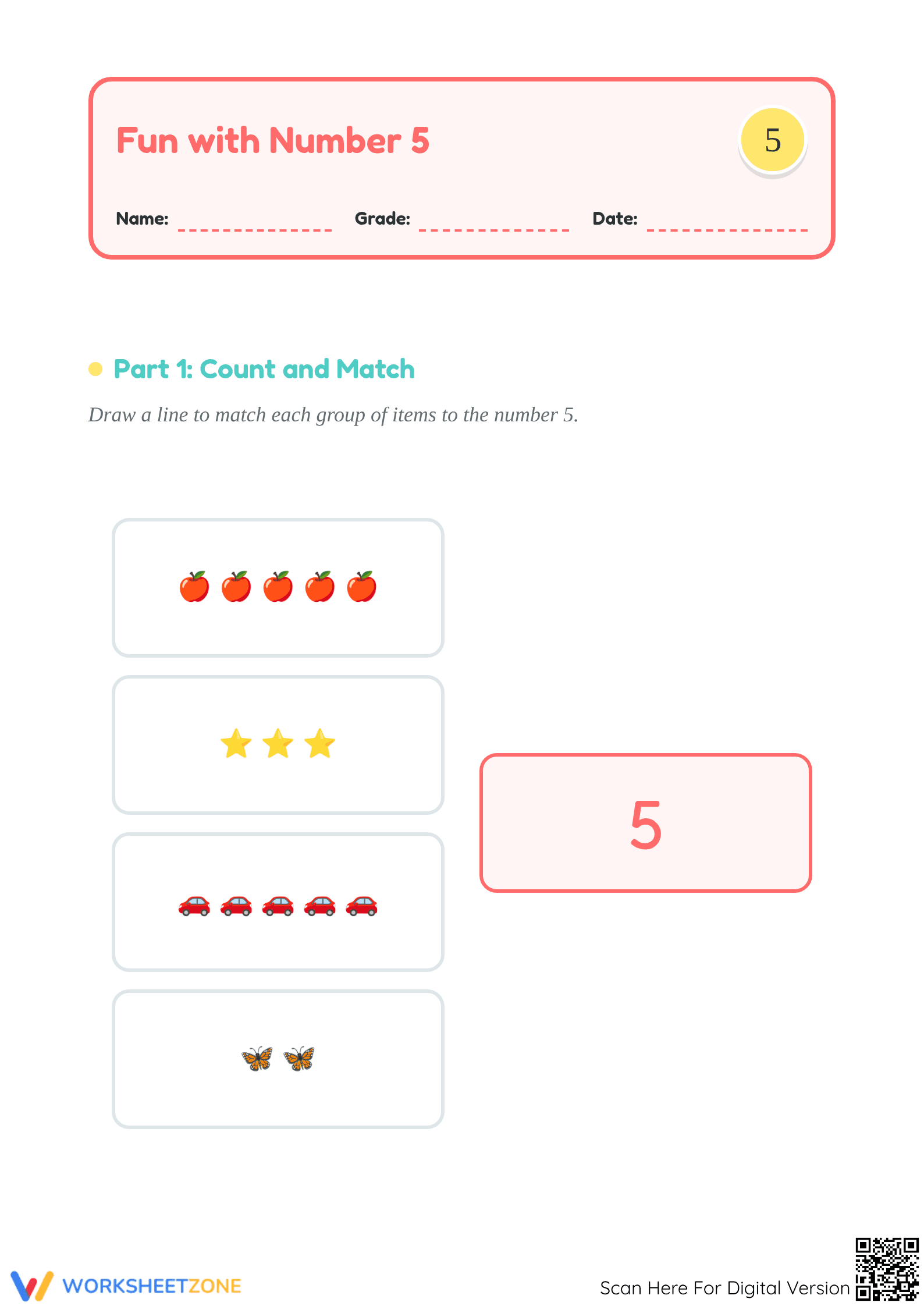 Number 5 Counting and Writing Worksheet | Grade K Essential - Page 1