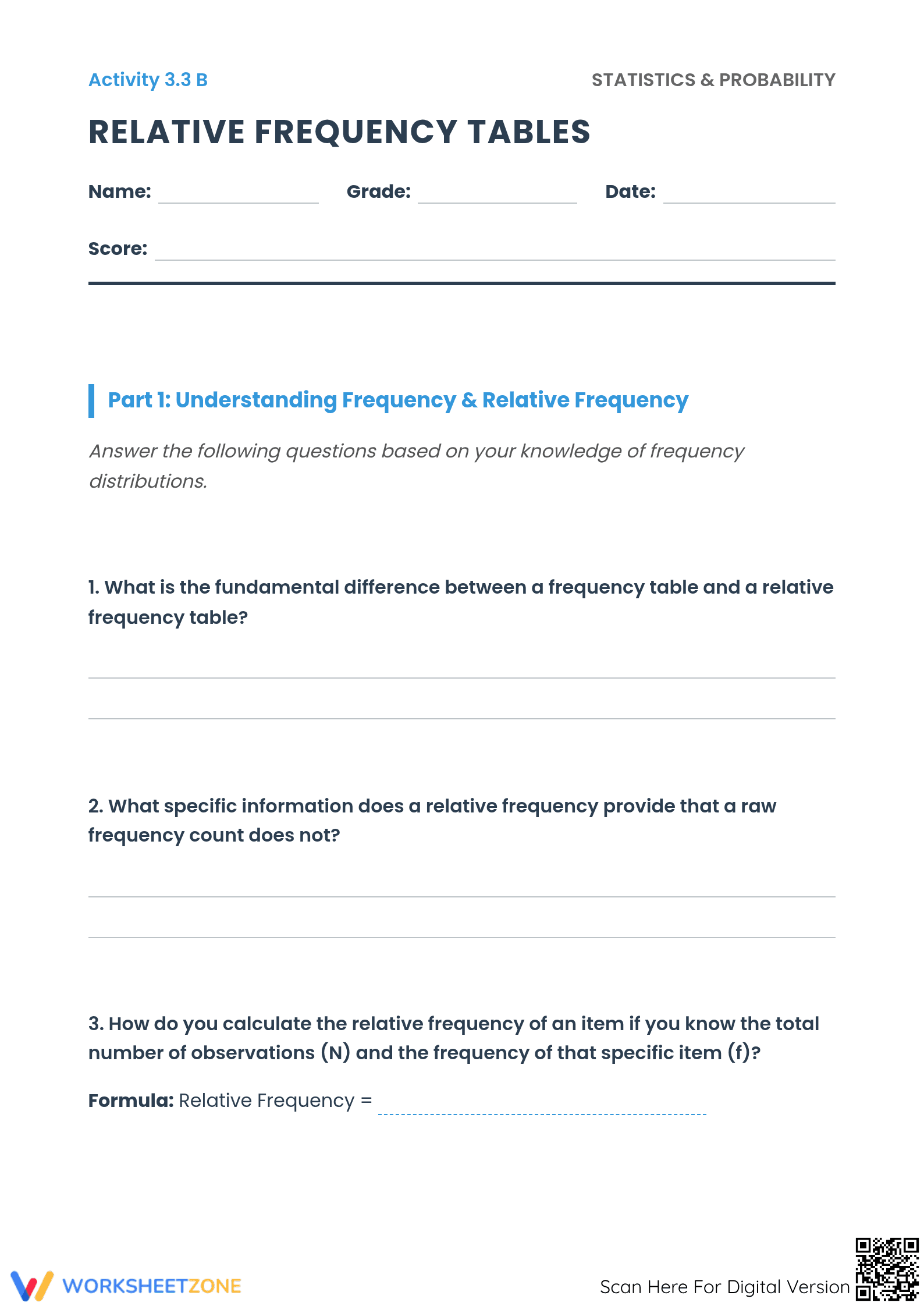 Essential Relative Frequency Worksheet | Grade 8 Math - Page 1