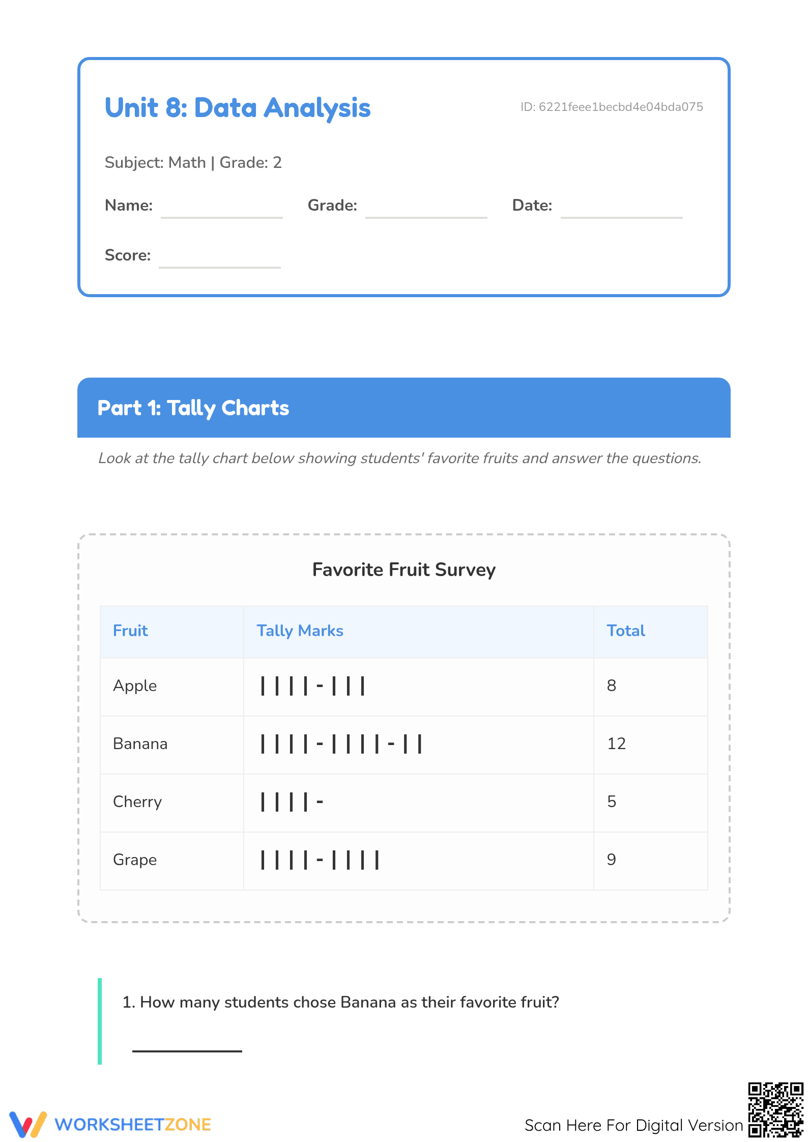 2.MD.D.10 Worksheet: Essential Data Analysis — Grade 2 - Page 1