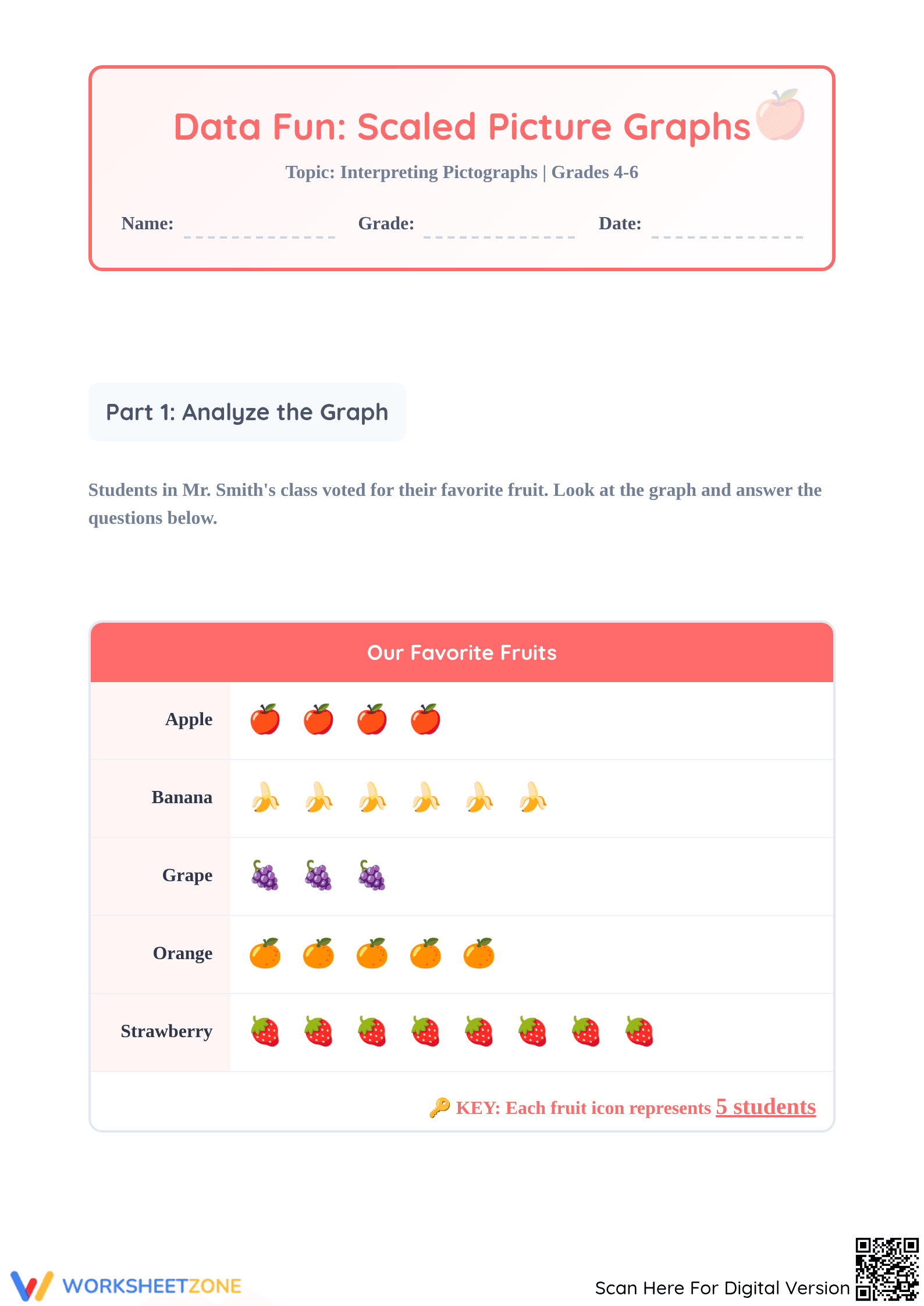 Grade 4-6 Scaled Picture Graph — Printable No-Prep Worksheet - Page 1