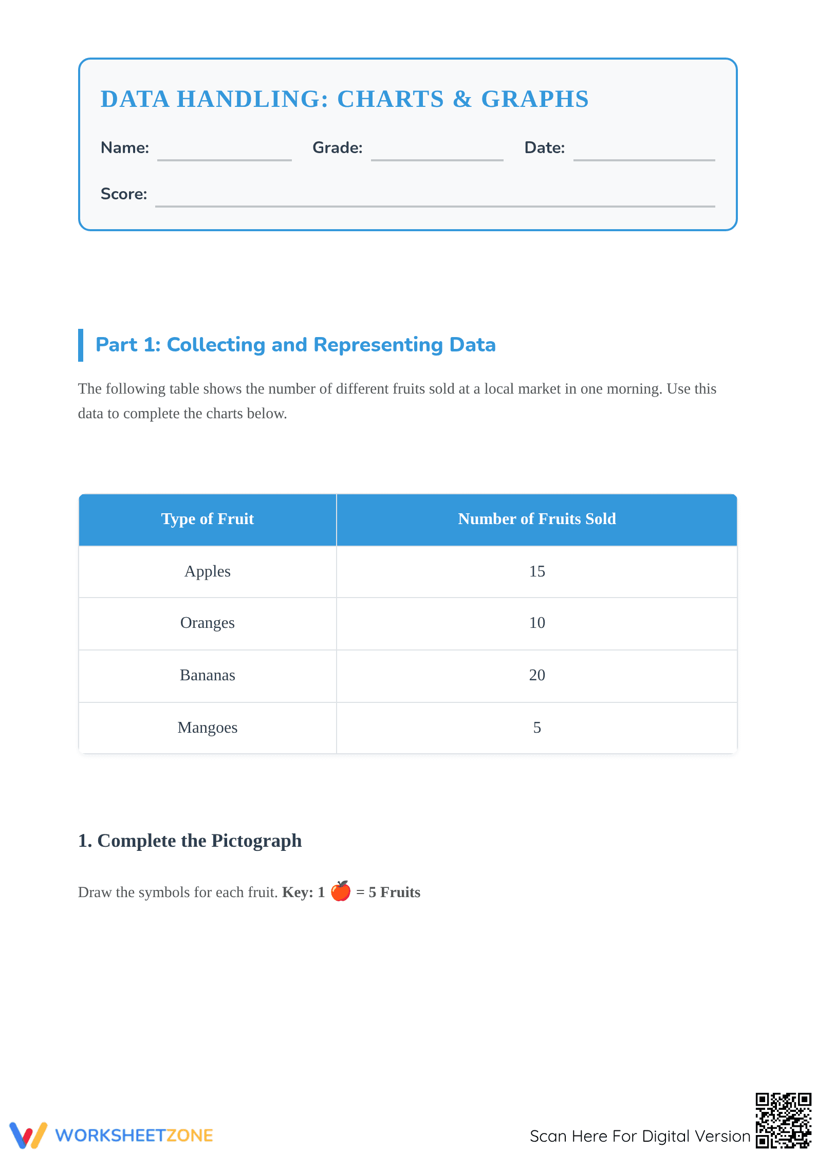Printable Data Handling Worksheet | Grade 4 Charts & Graphs - Page 1