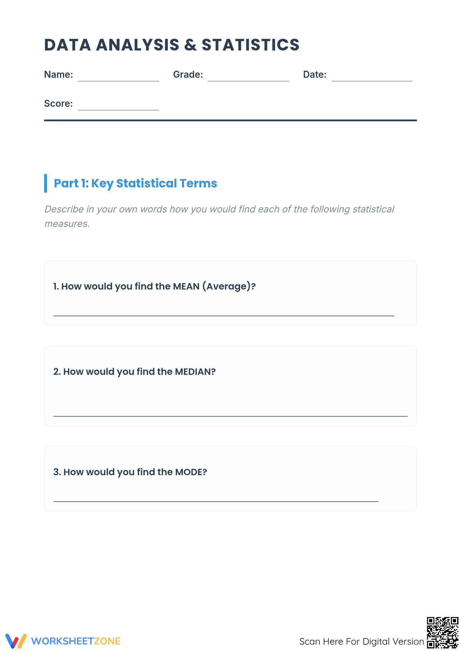 6.SP.B.5c Worksheet: Mean, Median, Mode — Grade 6 Aligned - Page 1