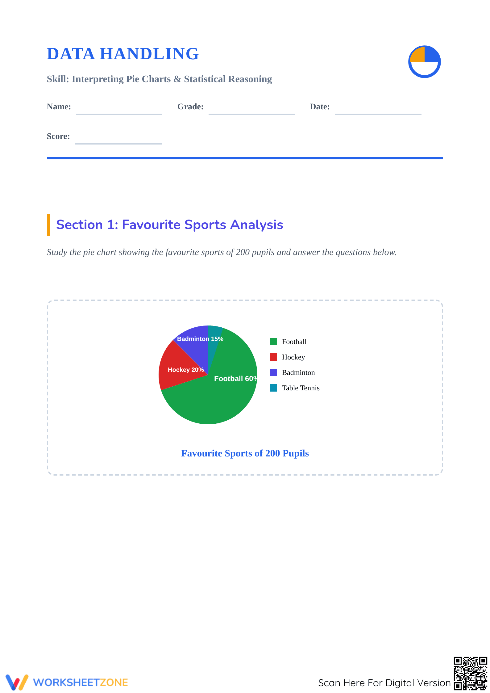 Printable Pie Chart Worksheet | Grade 6 Math - Page 1