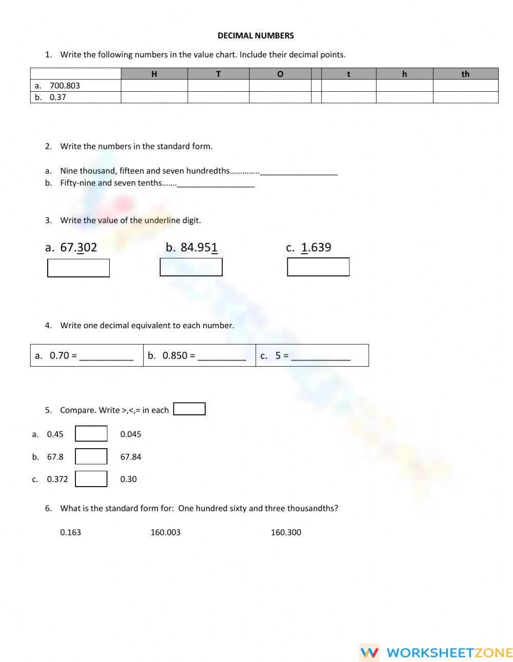 Decimal Numbers Practice Worksheet for Students - Page 1
