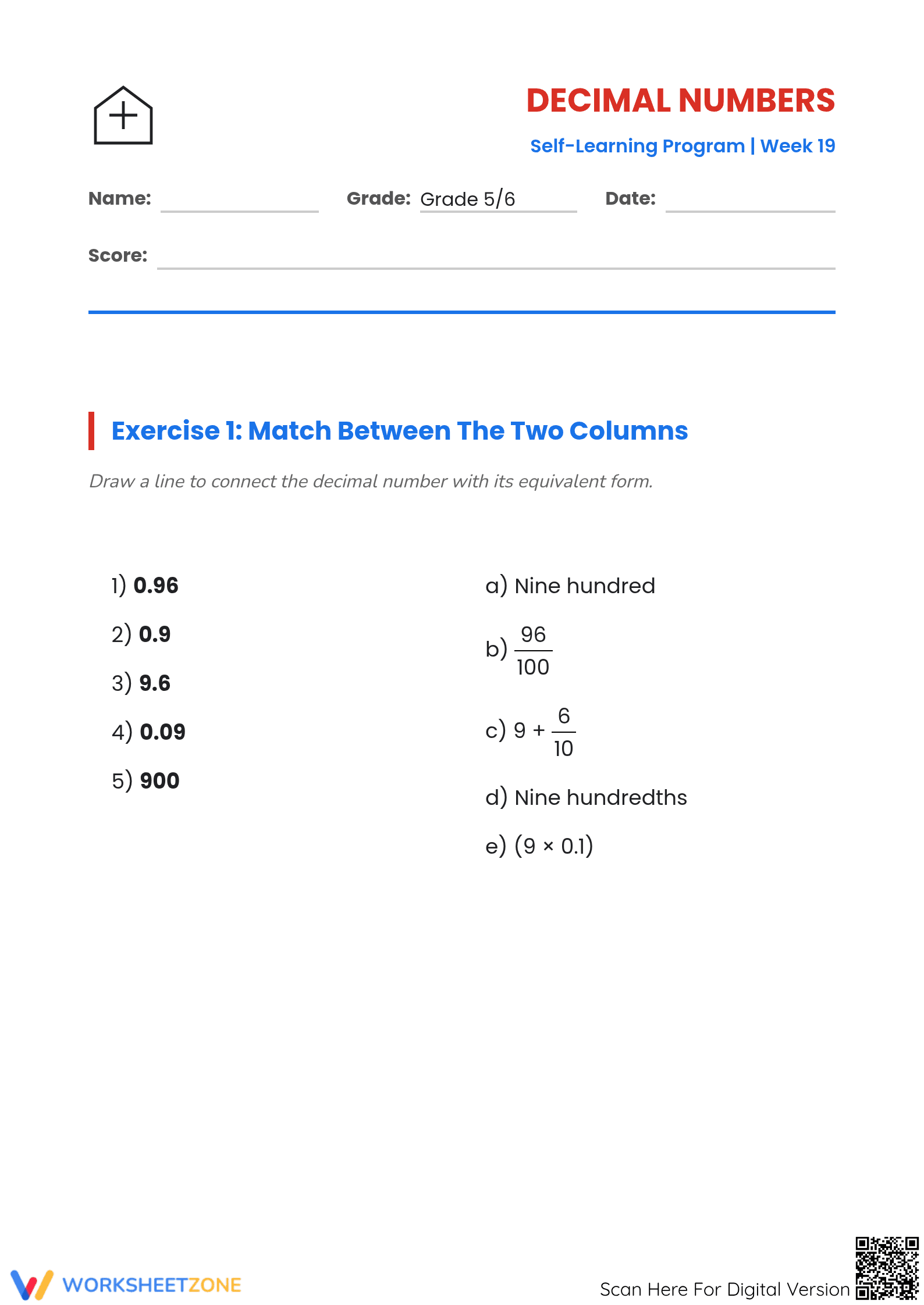 Grade 5 Decimals — Printable No-Prep Worksheet - Page 1