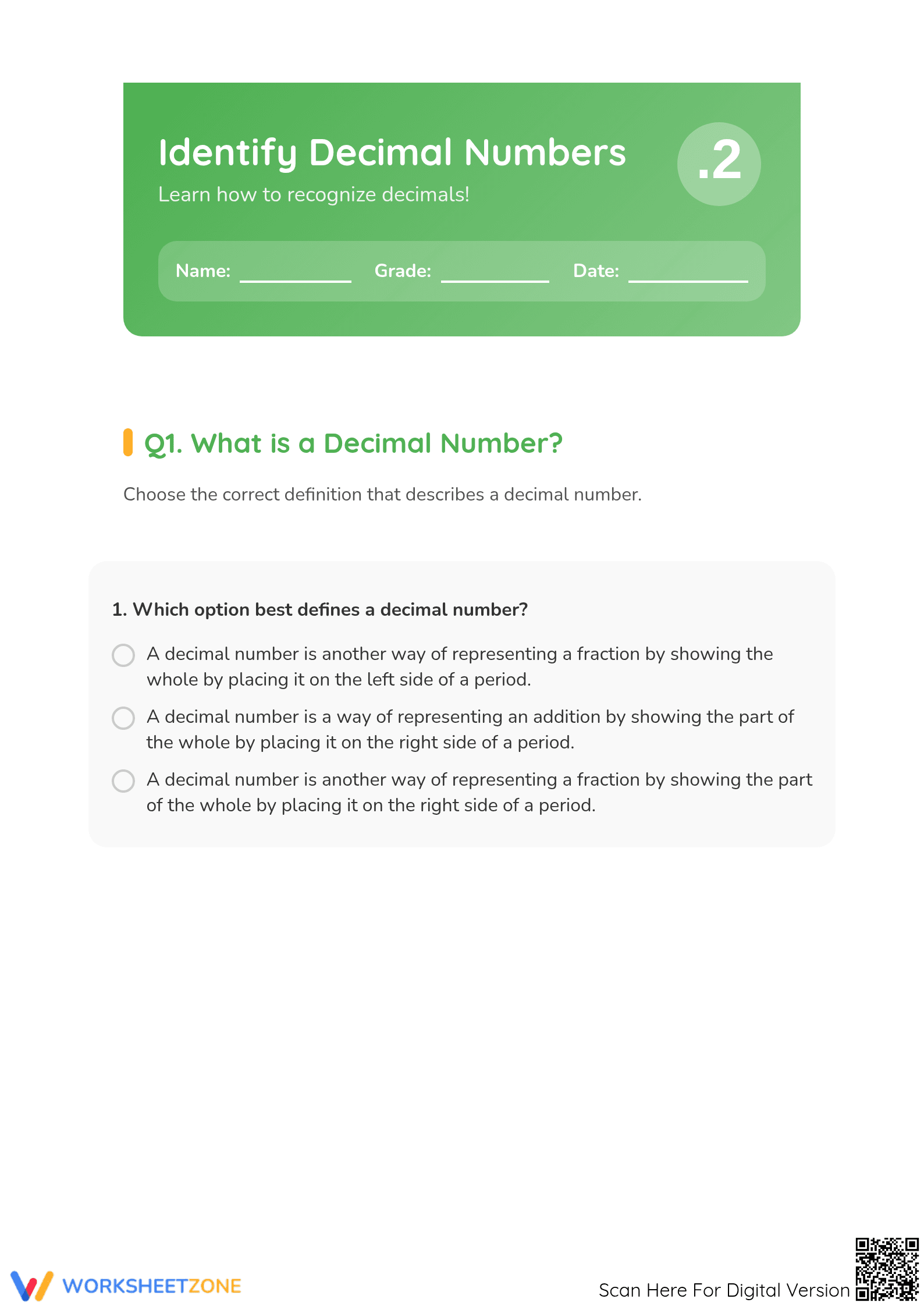 Printable Decimal Models Worksheet | Grade 4 Math - Page 1