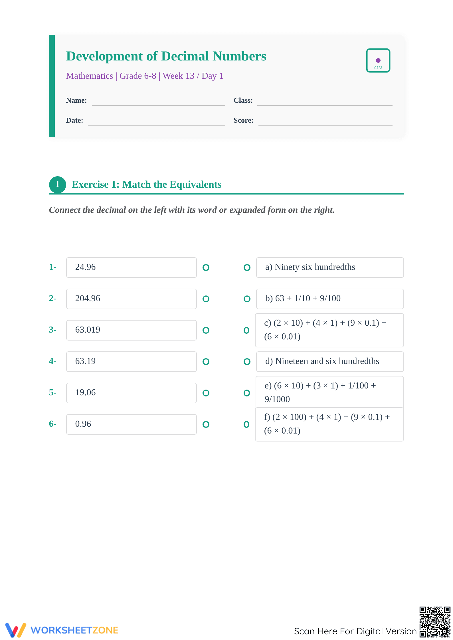Printable Decimals Worksheet | Grade 6 Math - Page 1