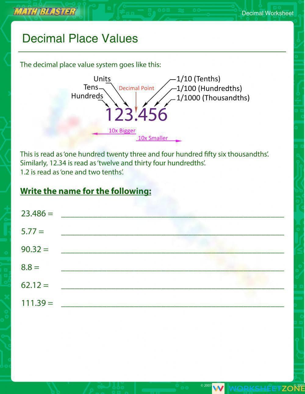 Decimal Place Value - Page 1