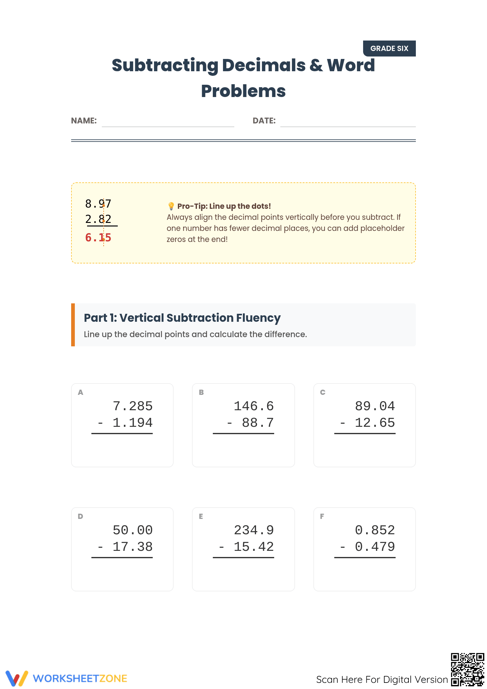 Printable Subtracting Decimals Worksheet | Grade 5 - Page 1