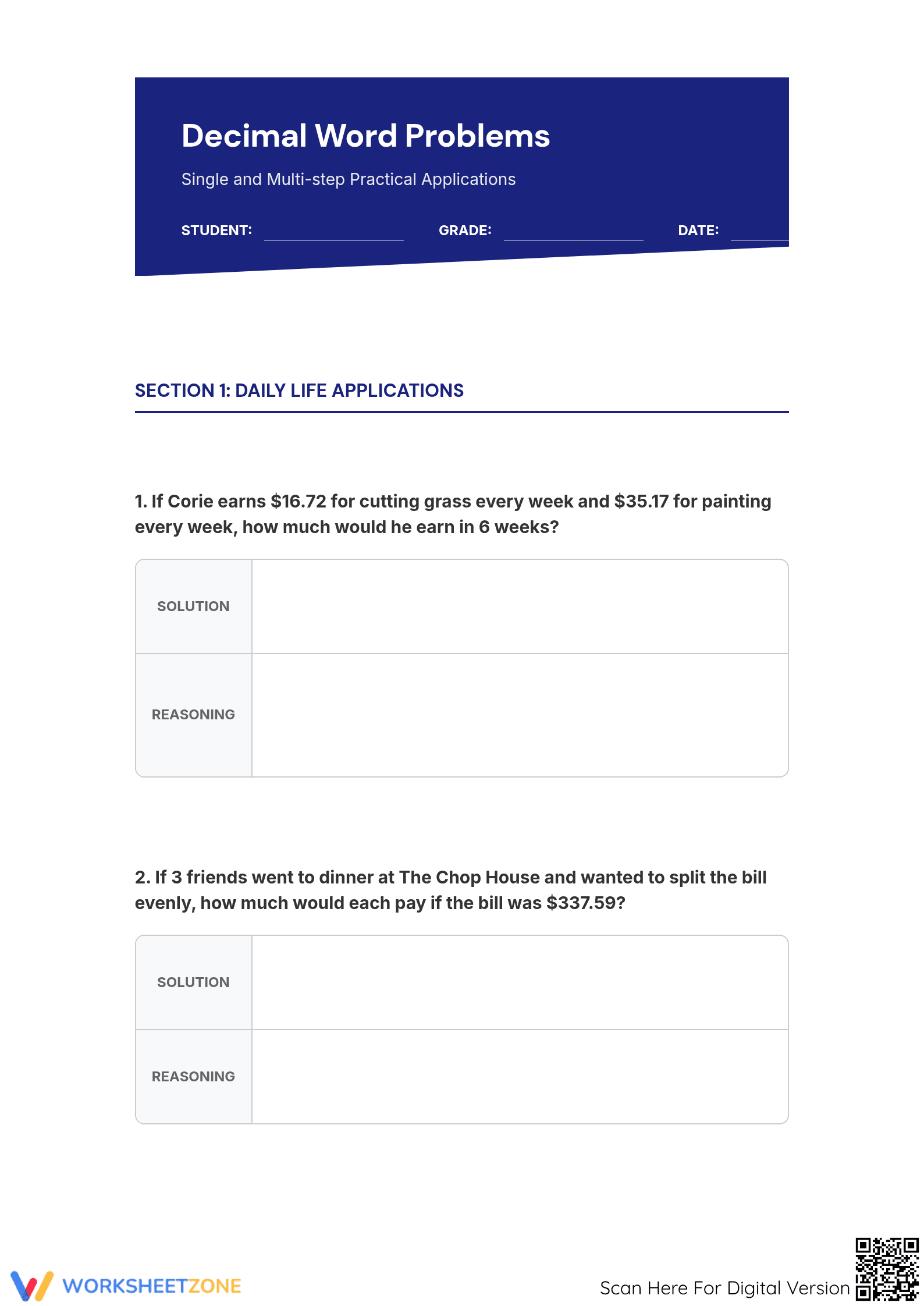 Printable Decimal Word Problems Worksheet | Grade 5 - Page 1