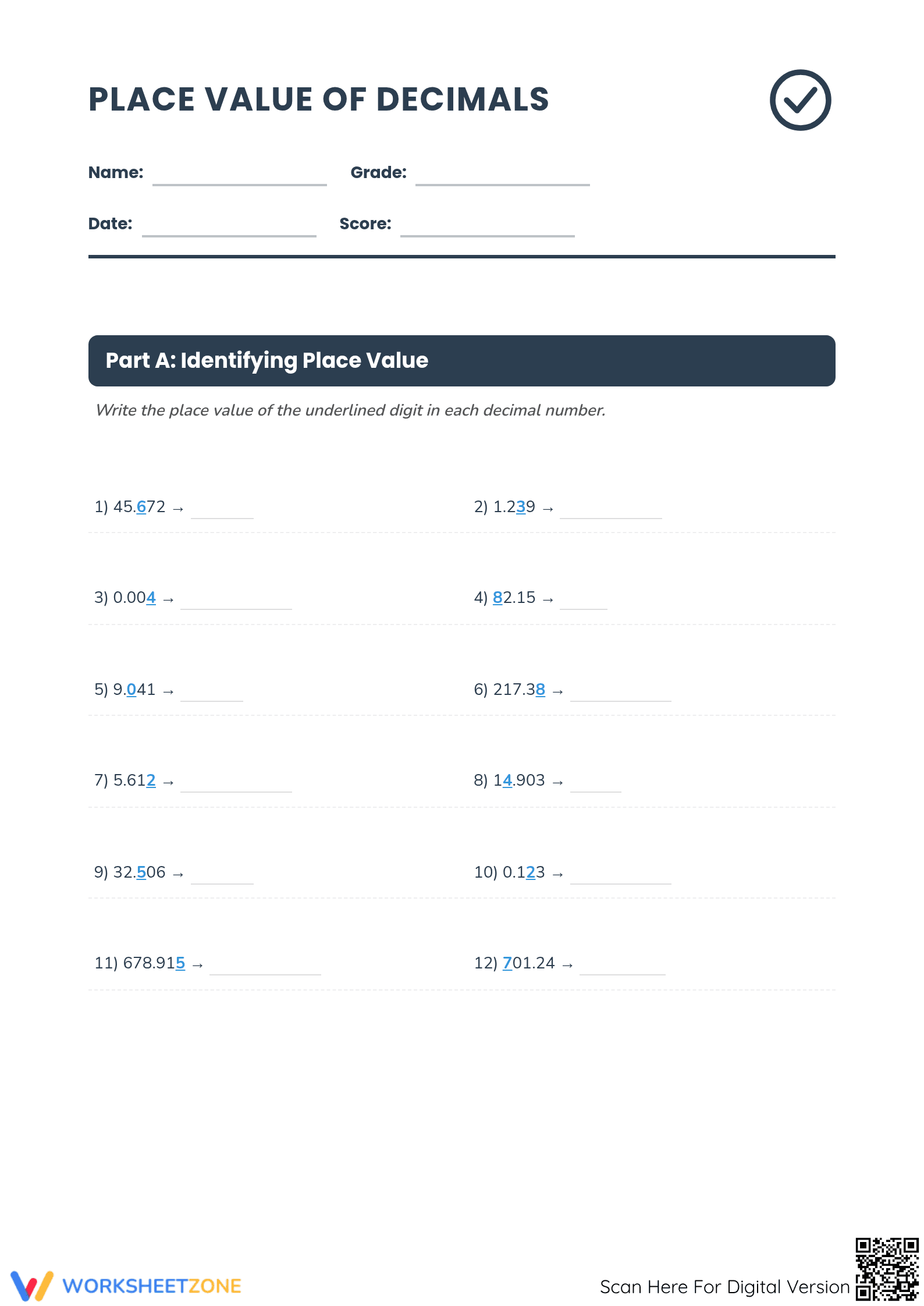 Printable Decimal Place Value Worksheet | Grade 5 Math - Page 1