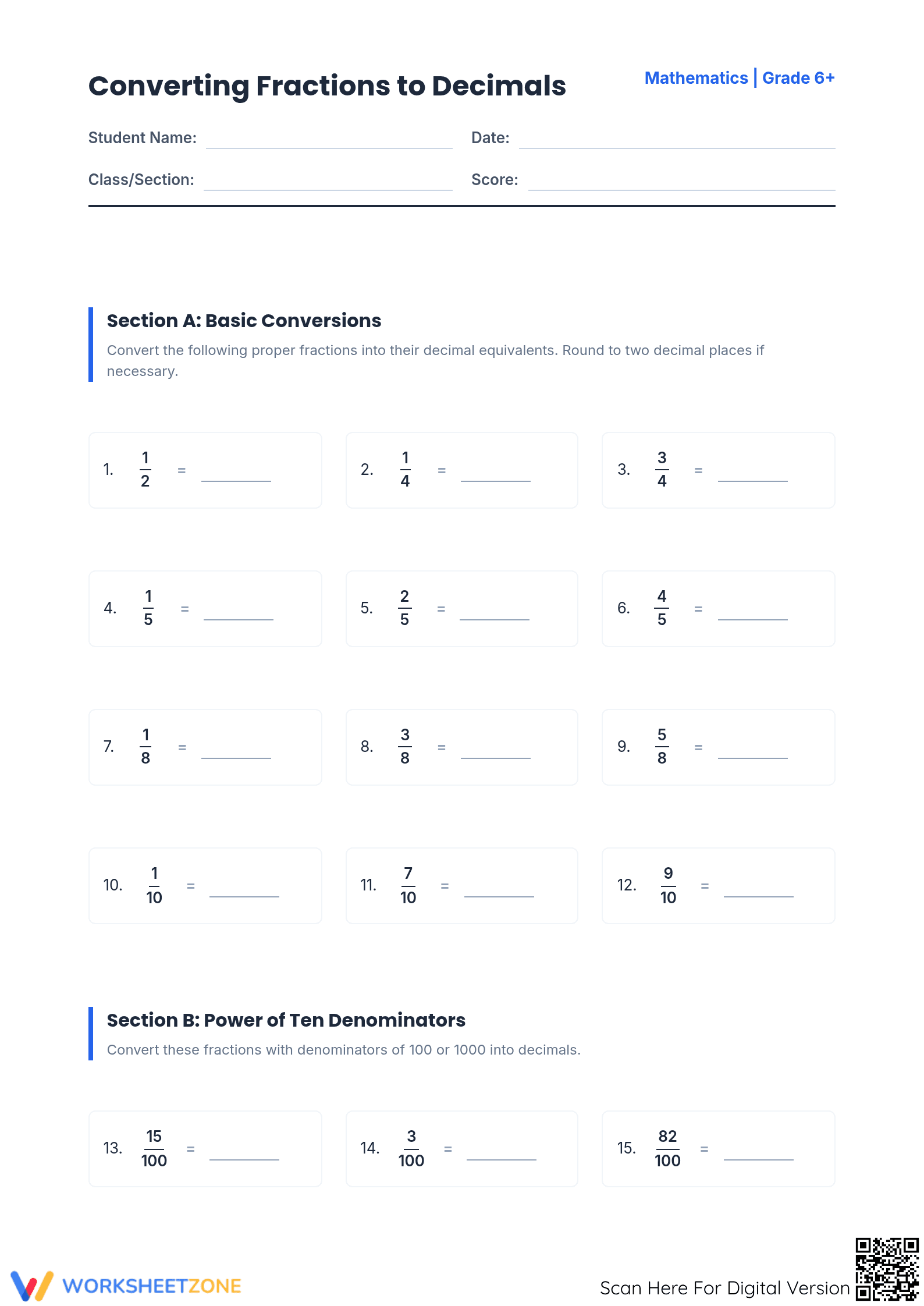 Essential Fractions to Decimals Worksheet | Grade 7 Math - Page 1