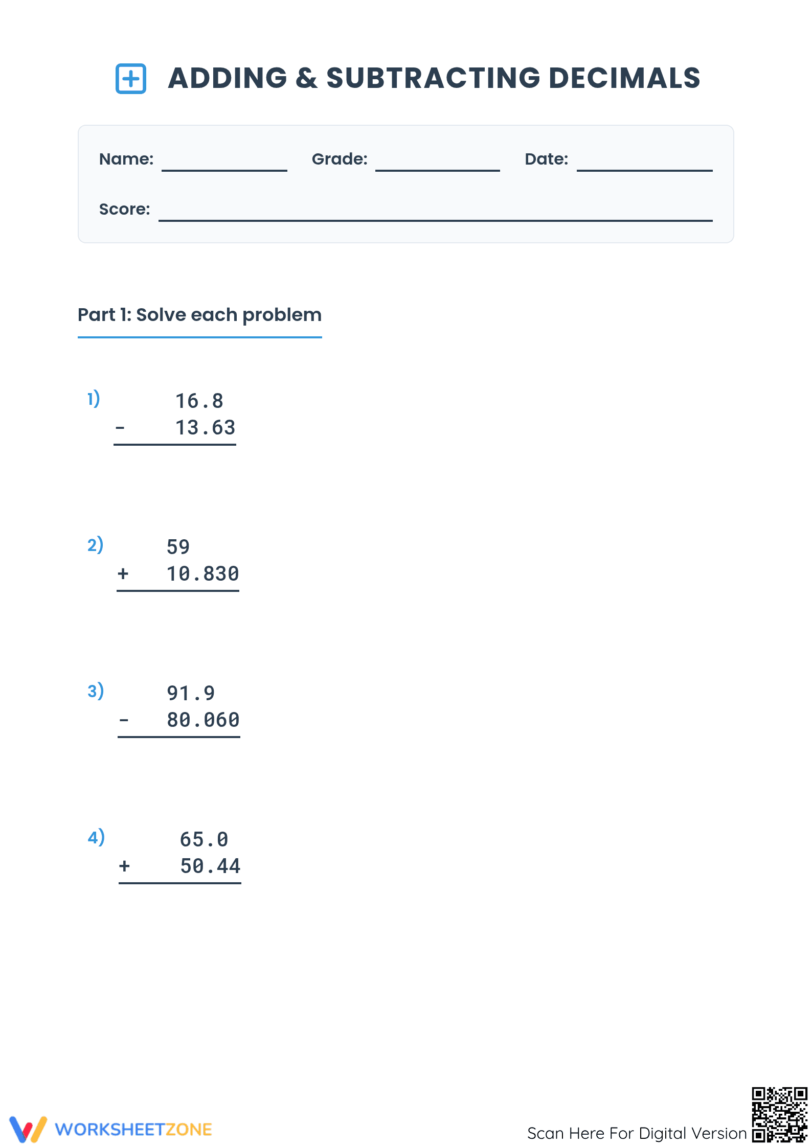 Grade 5 Decimals — Printable No-Prep Worksheet - Page 1