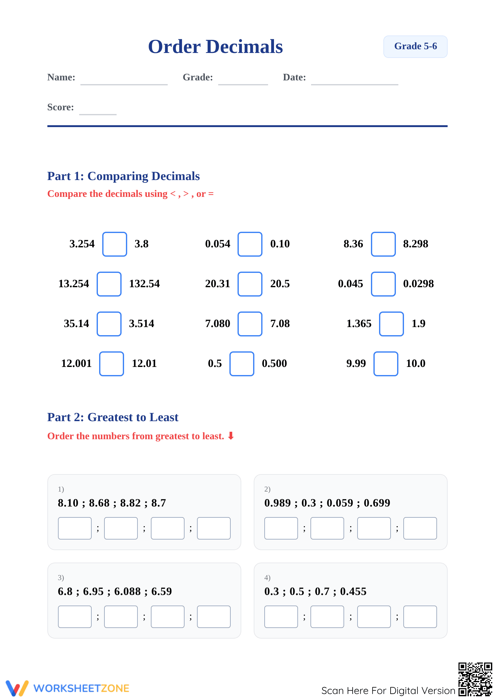 Grade 5 Decimals — Complete No-Prep Worksheet - Page 1