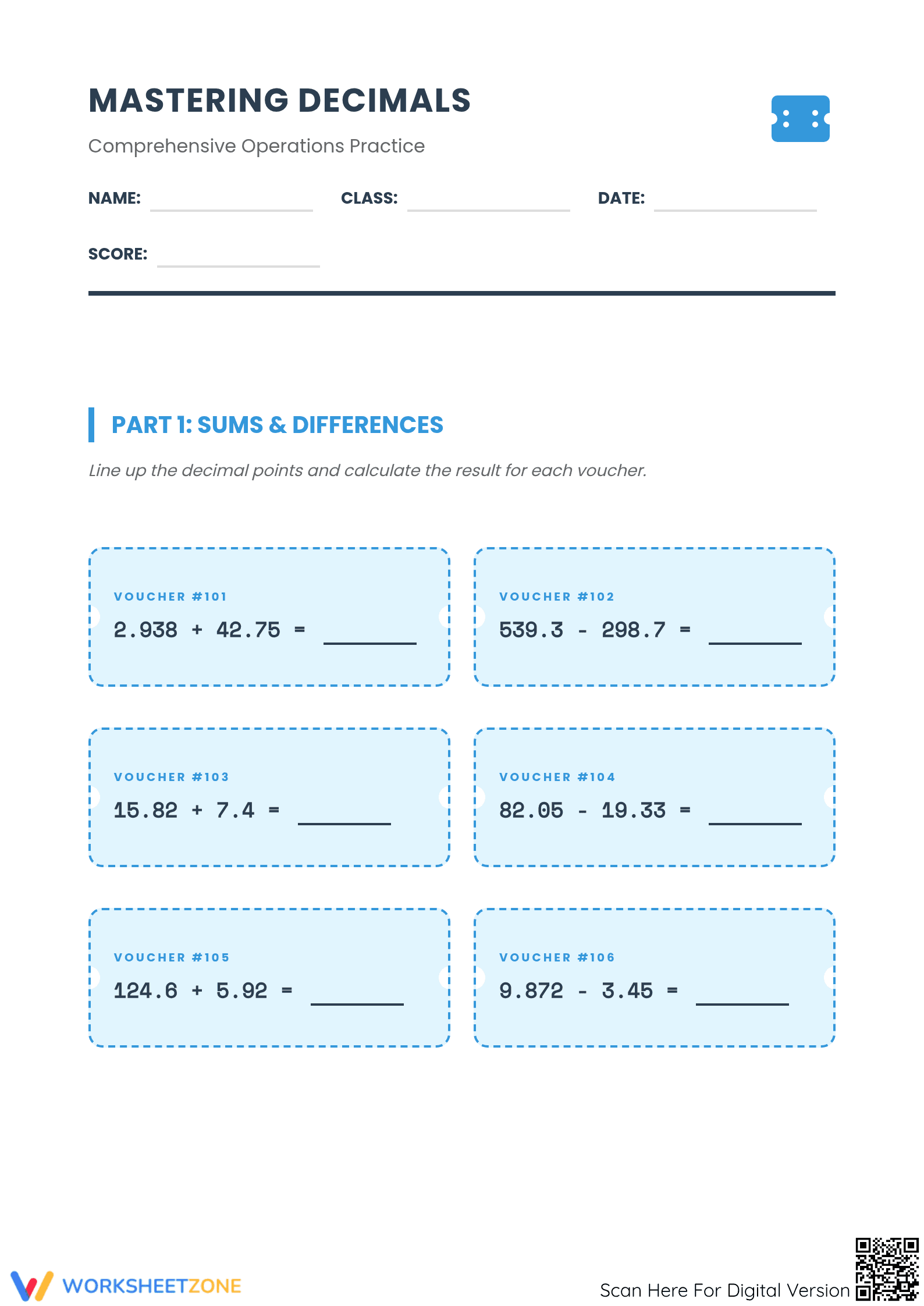 Decimal Operations Worksheet | Printable Grade 5 Math - Page 1