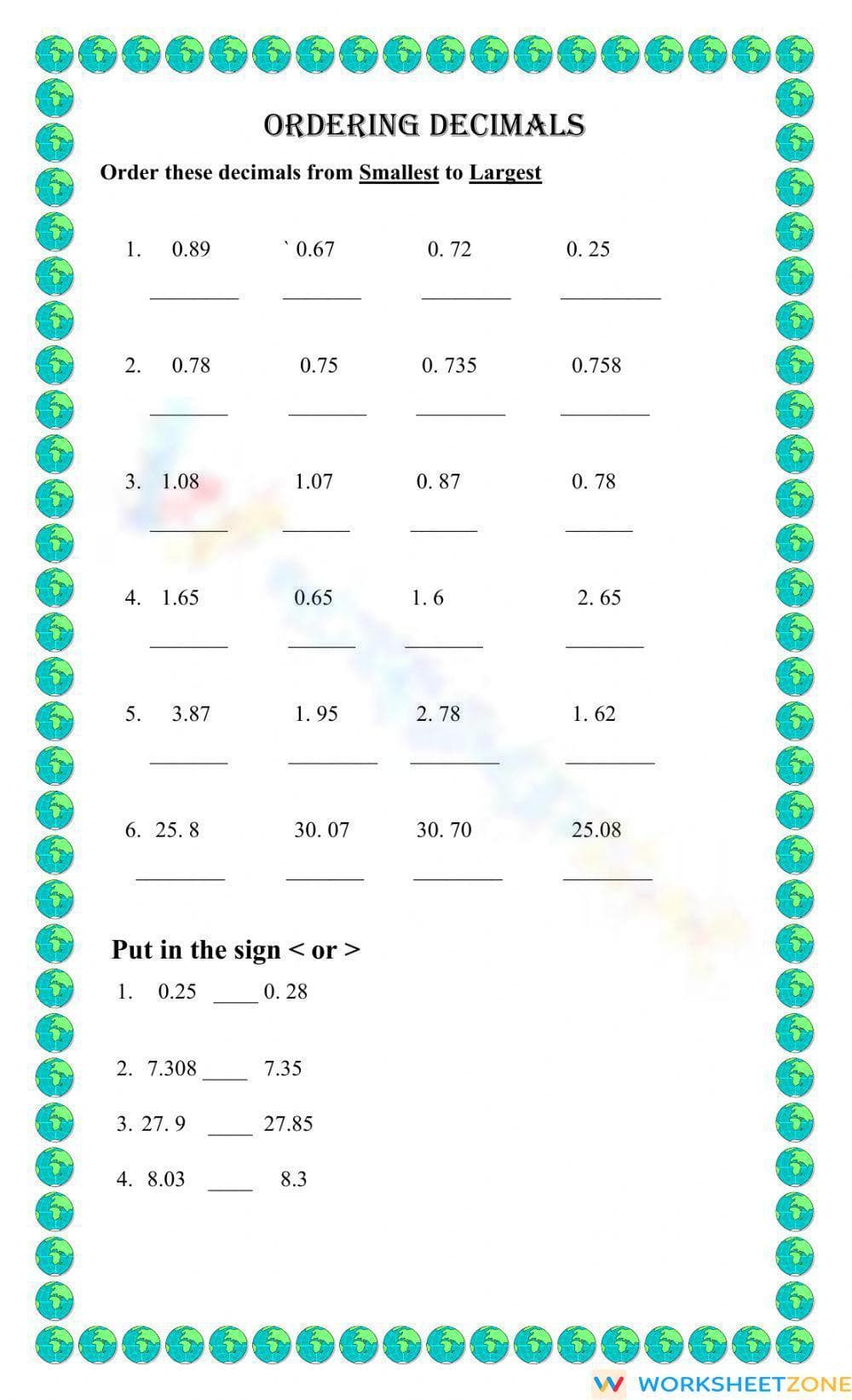 Ordering Decimals Practice Worksheet - Page 1