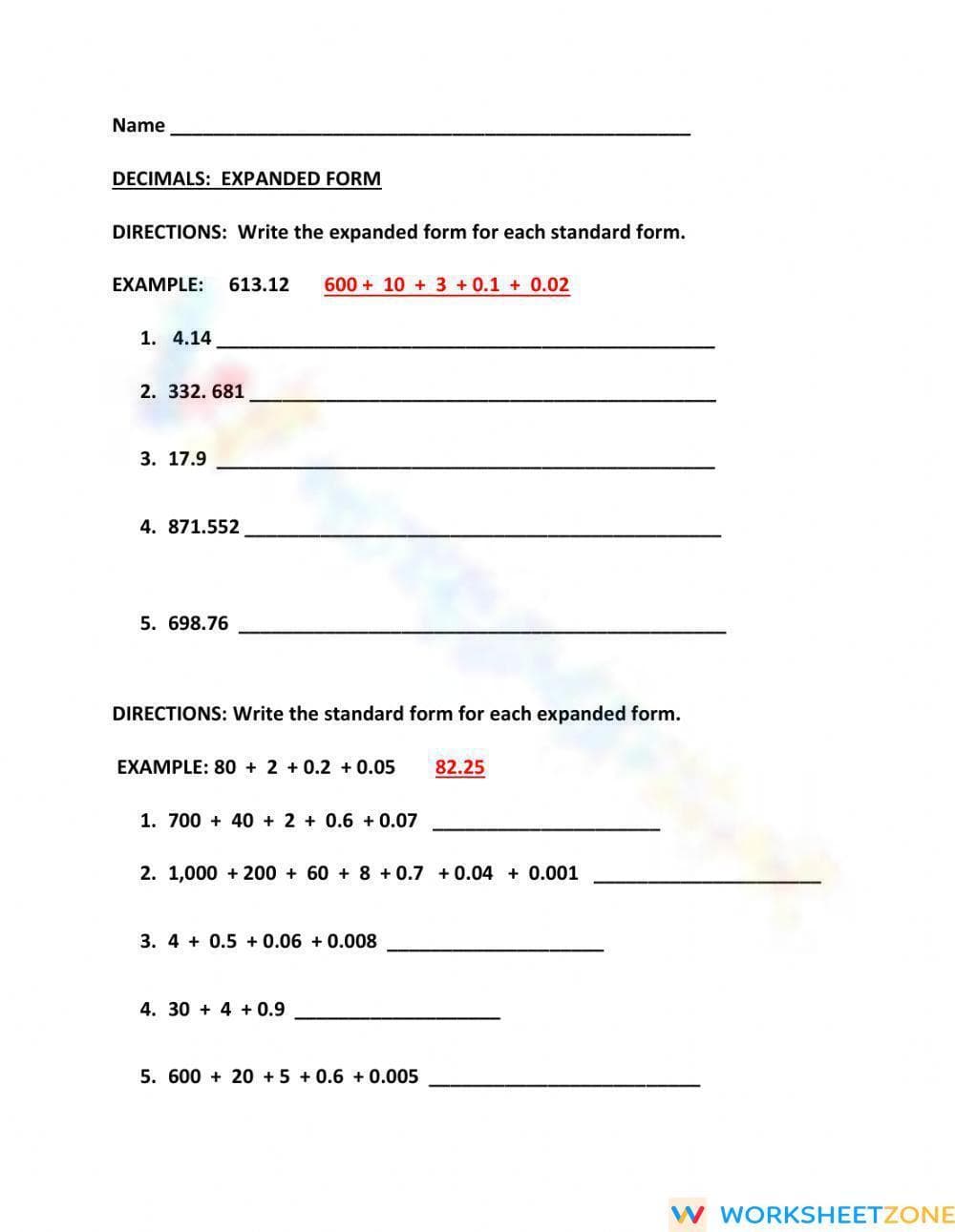 Decimals Expanded Form Worksheet - Page 1