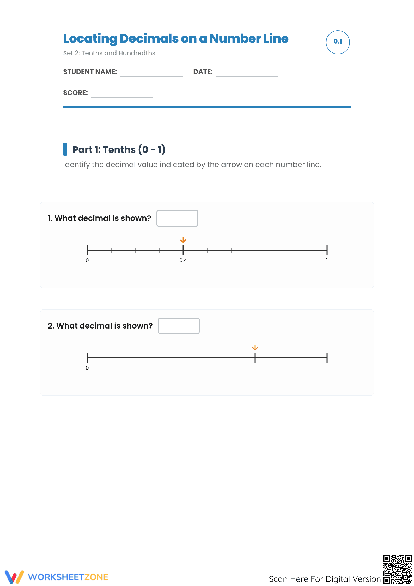 Locating Decimals on a Number Line Printable | Grade 5-7 - Page 1
