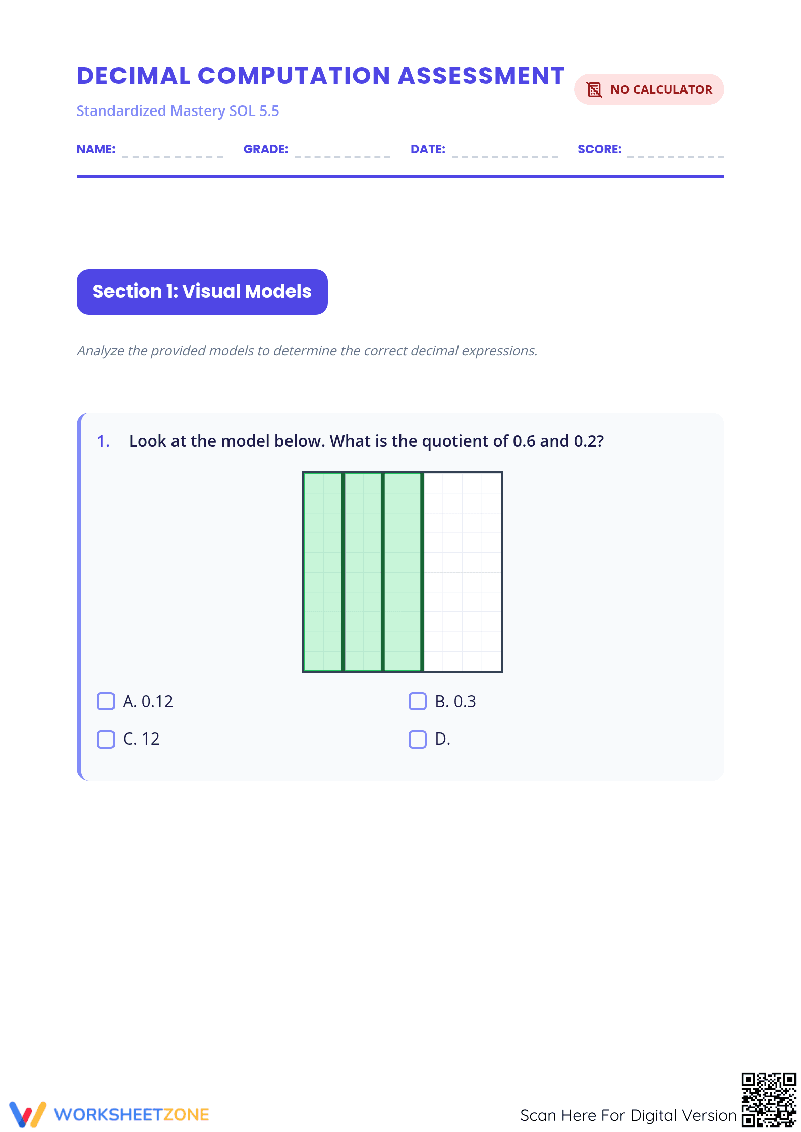 5.NBT.B.7 Decimal Assessment — Grade 5 Aligned Worksheet - Page 1