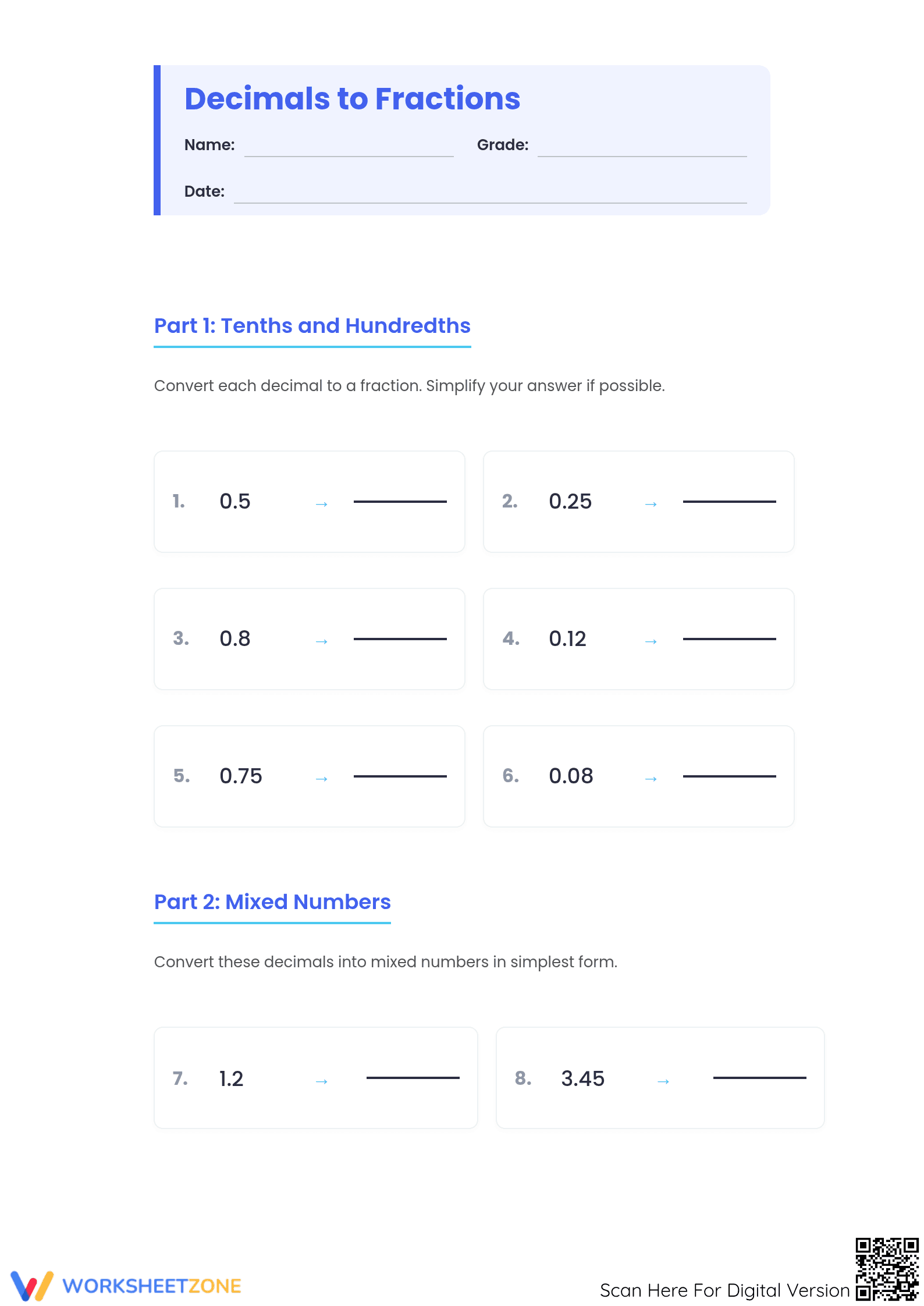 Printable Decimals to Fractions Worksheet | Grade 4-5 Math - Page 1