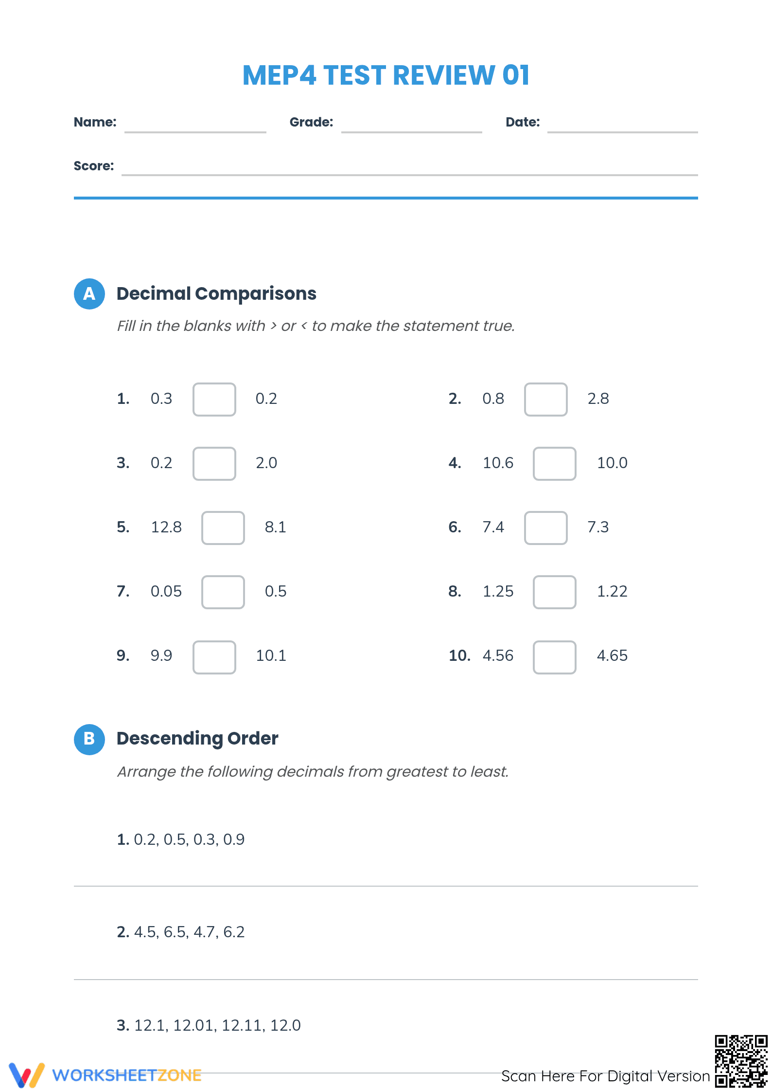 Essential Grade 5 Decimal Test Review: Compare & Calculate - Page 1