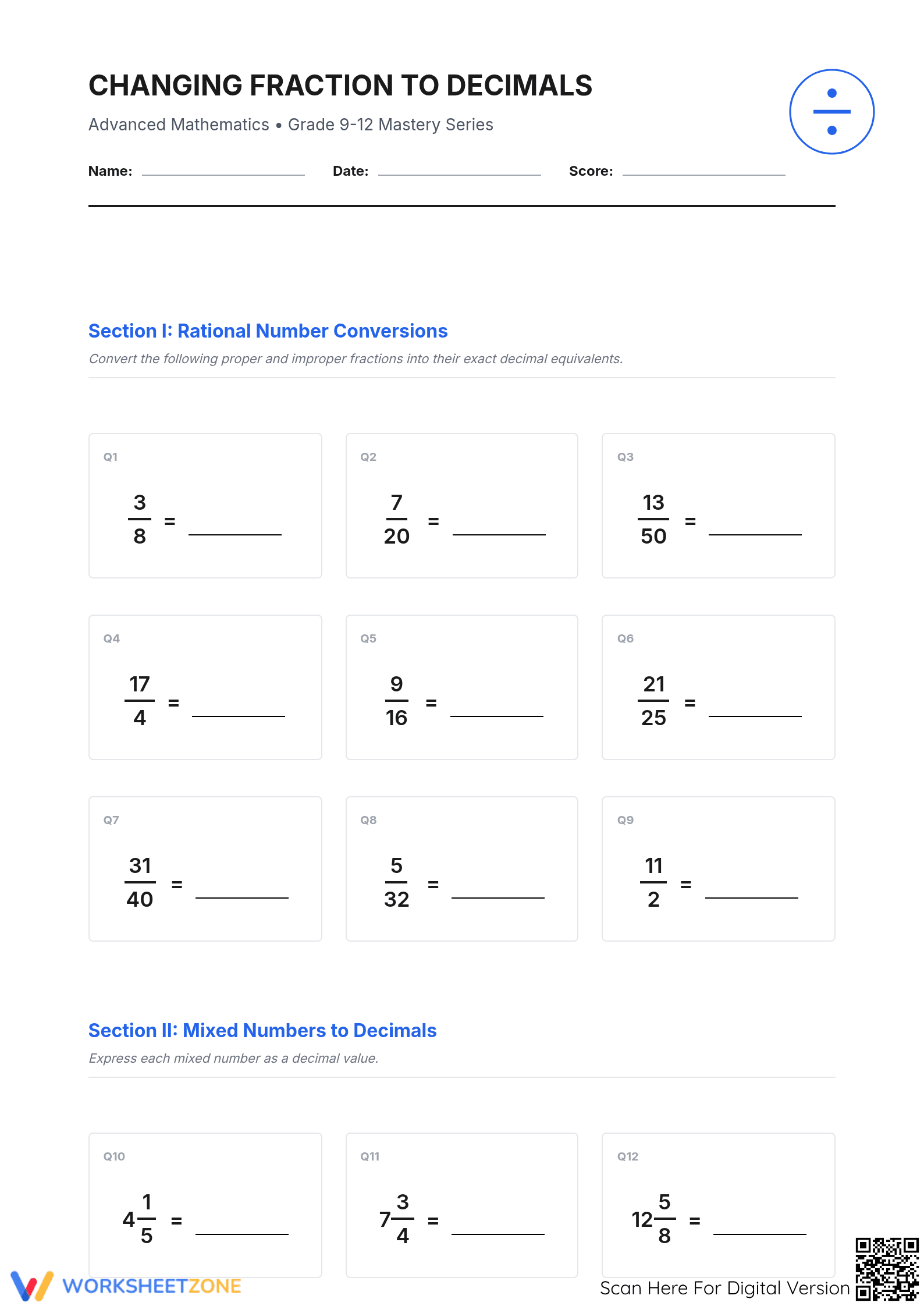 Printable Fraction to Decimal Worksheet | Grades 9-12 Math - Page 1