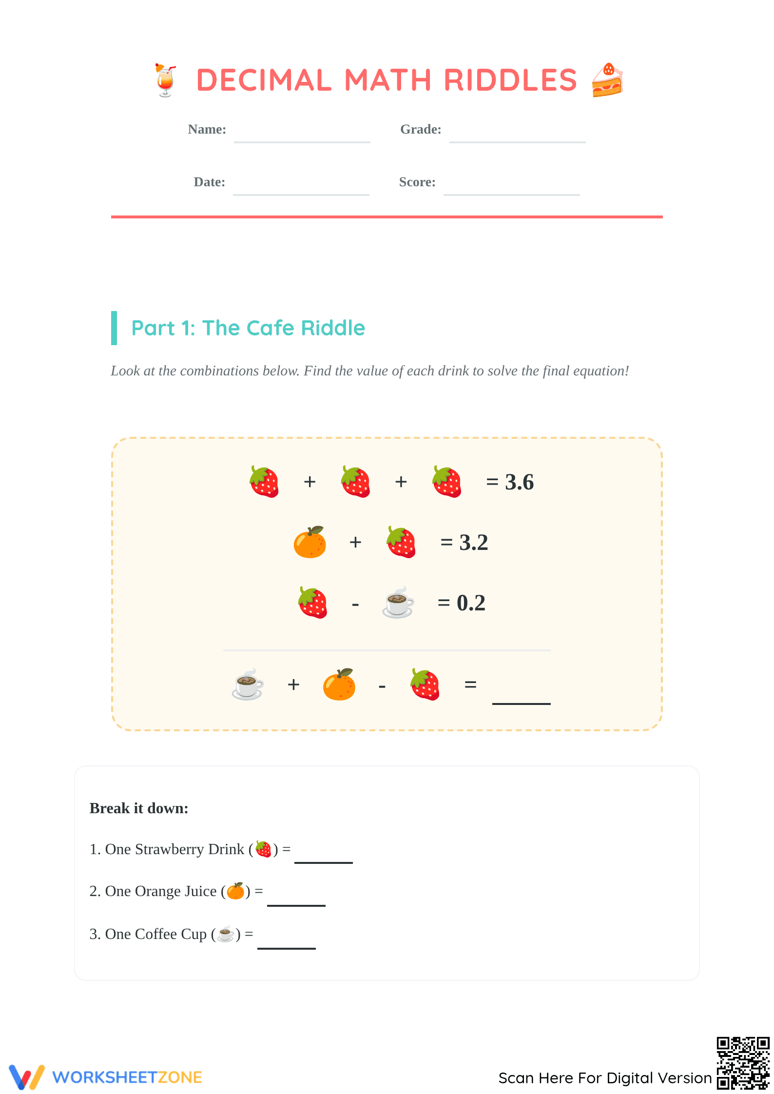 Printable Decimal Riddles Math Worksheet | Grade 5-7 - Page 1
