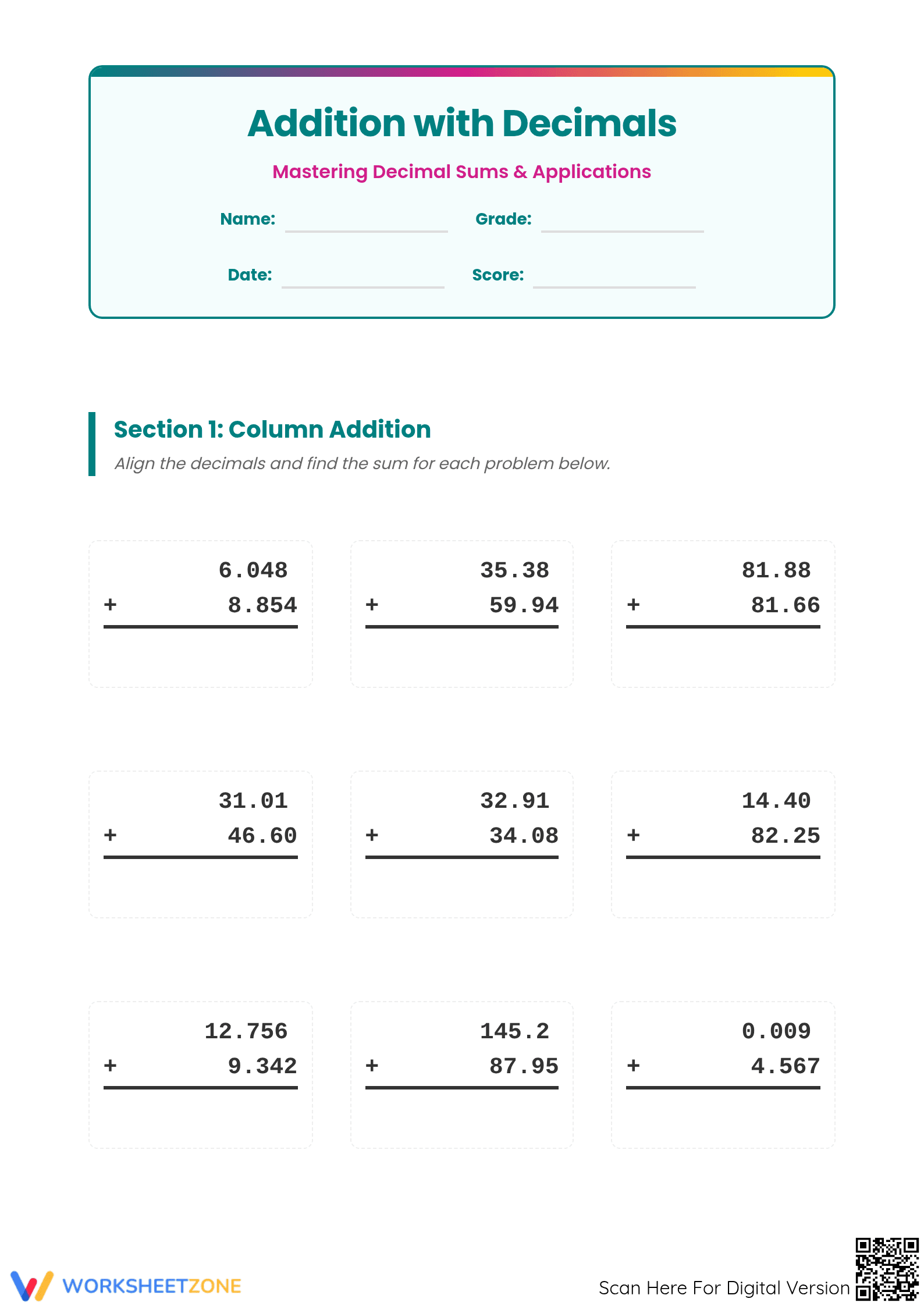 Grade 6 Adding Decimals — Printable No-Prep Worksheet - Page 1