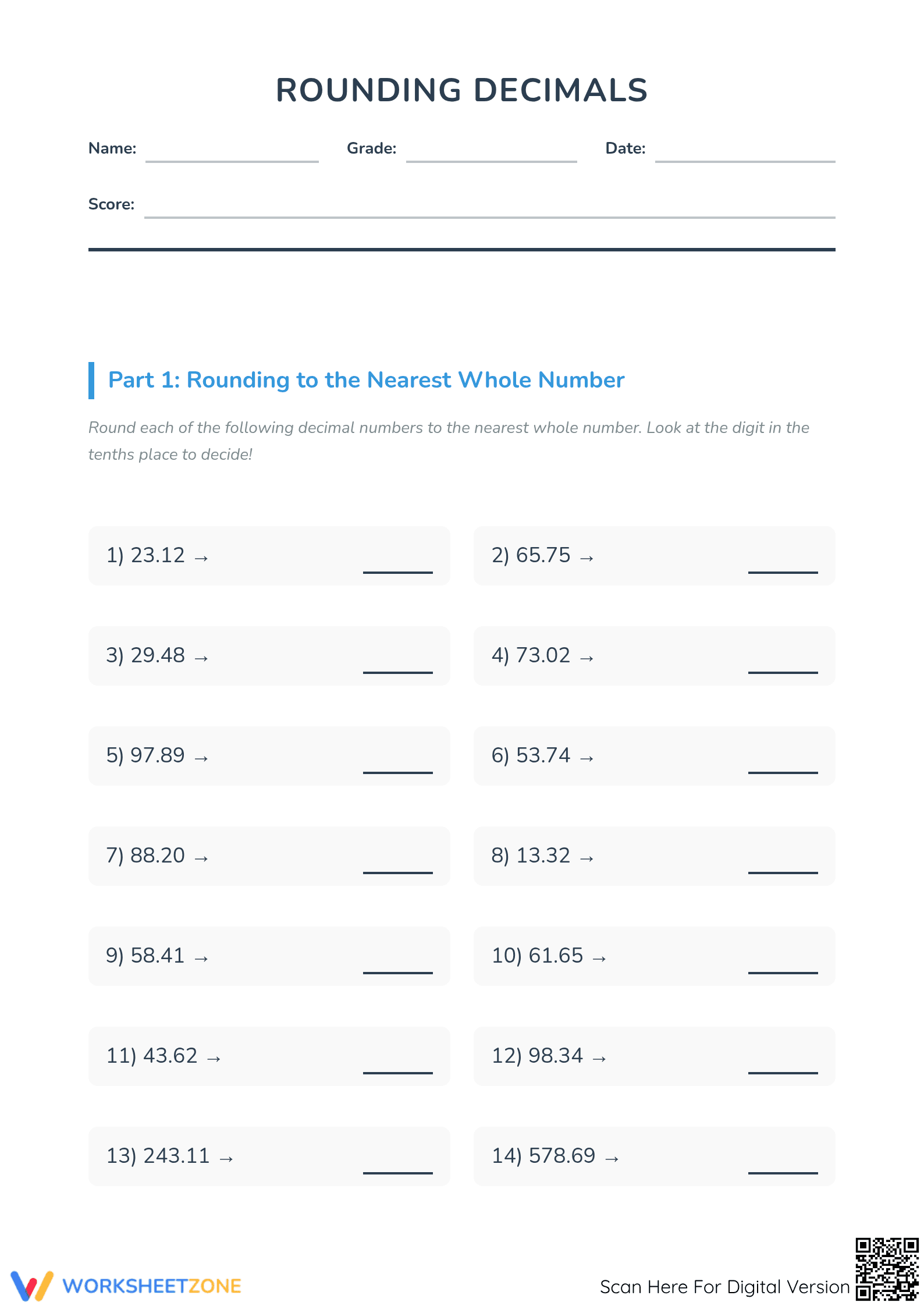Printable Rounding Decimals to Whole Numbers Worksheet - Page 1