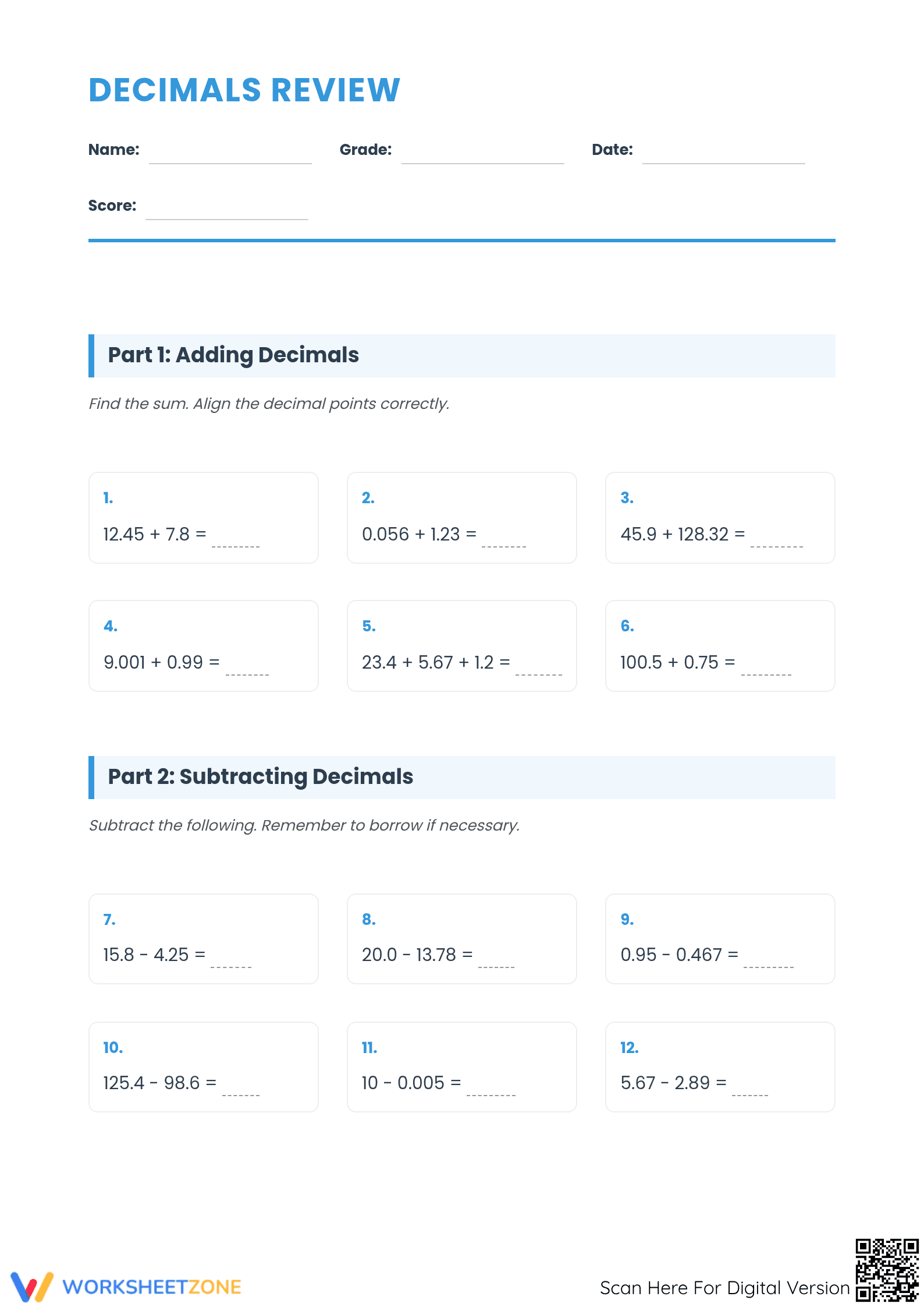 Complete Grade 6 Decimals Review — Printable No-Prep Math - Page 1