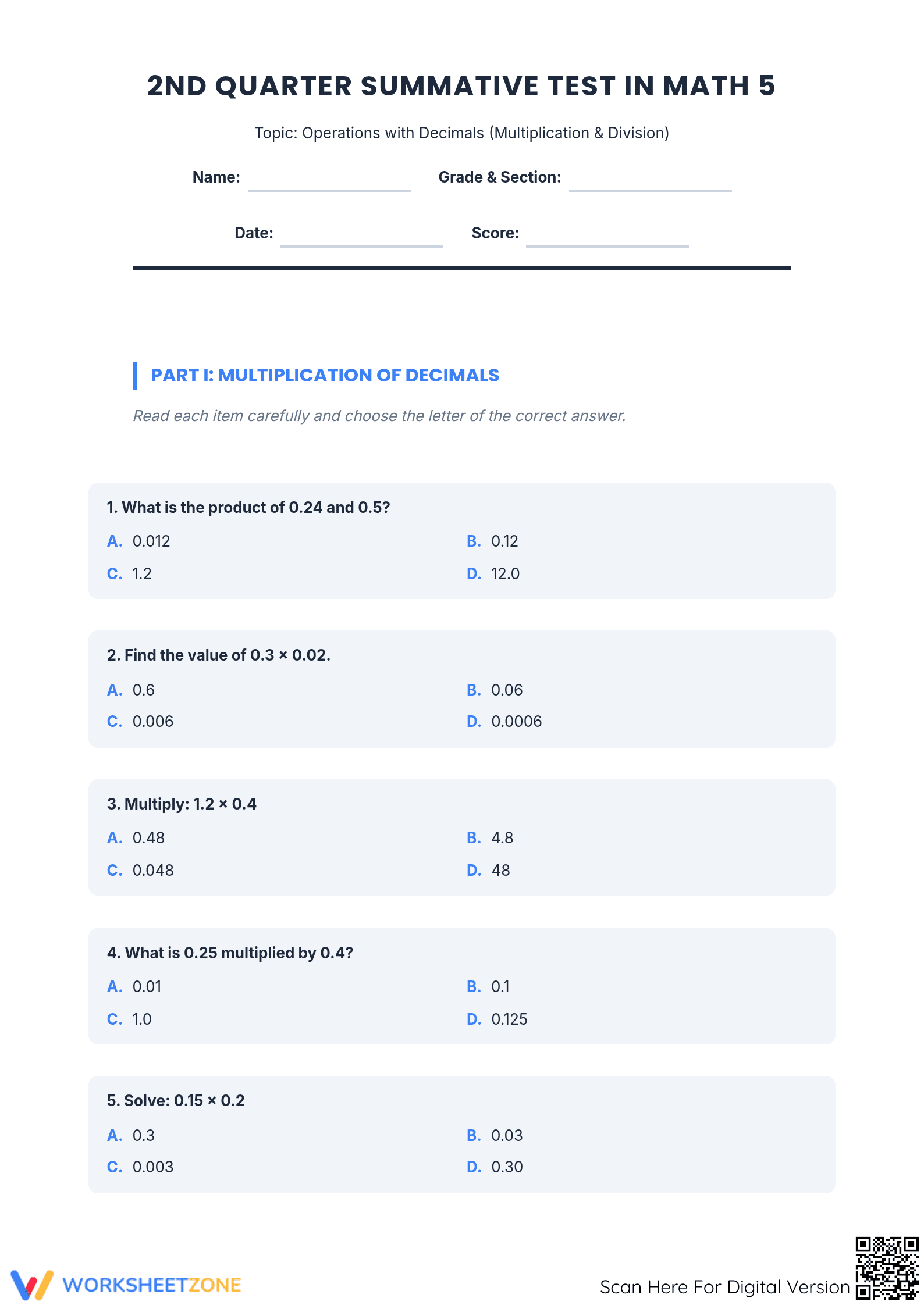 Essential 5.NBT.B.7 Test: Decimal Operations — Grade 5 Ready - Page 1
