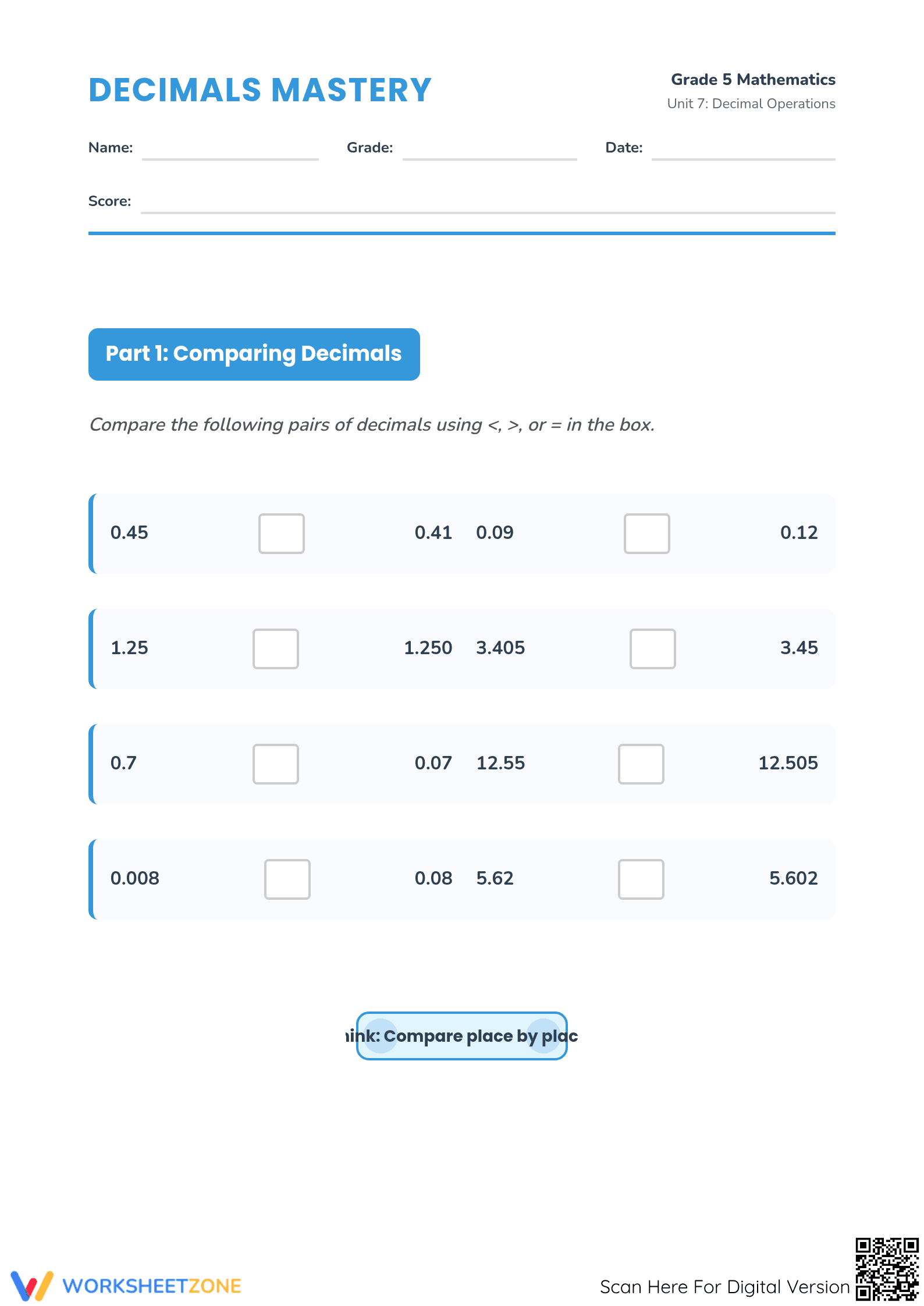 Printable Decimal Operations Worksheet | Grade 5 Math - Page 1
