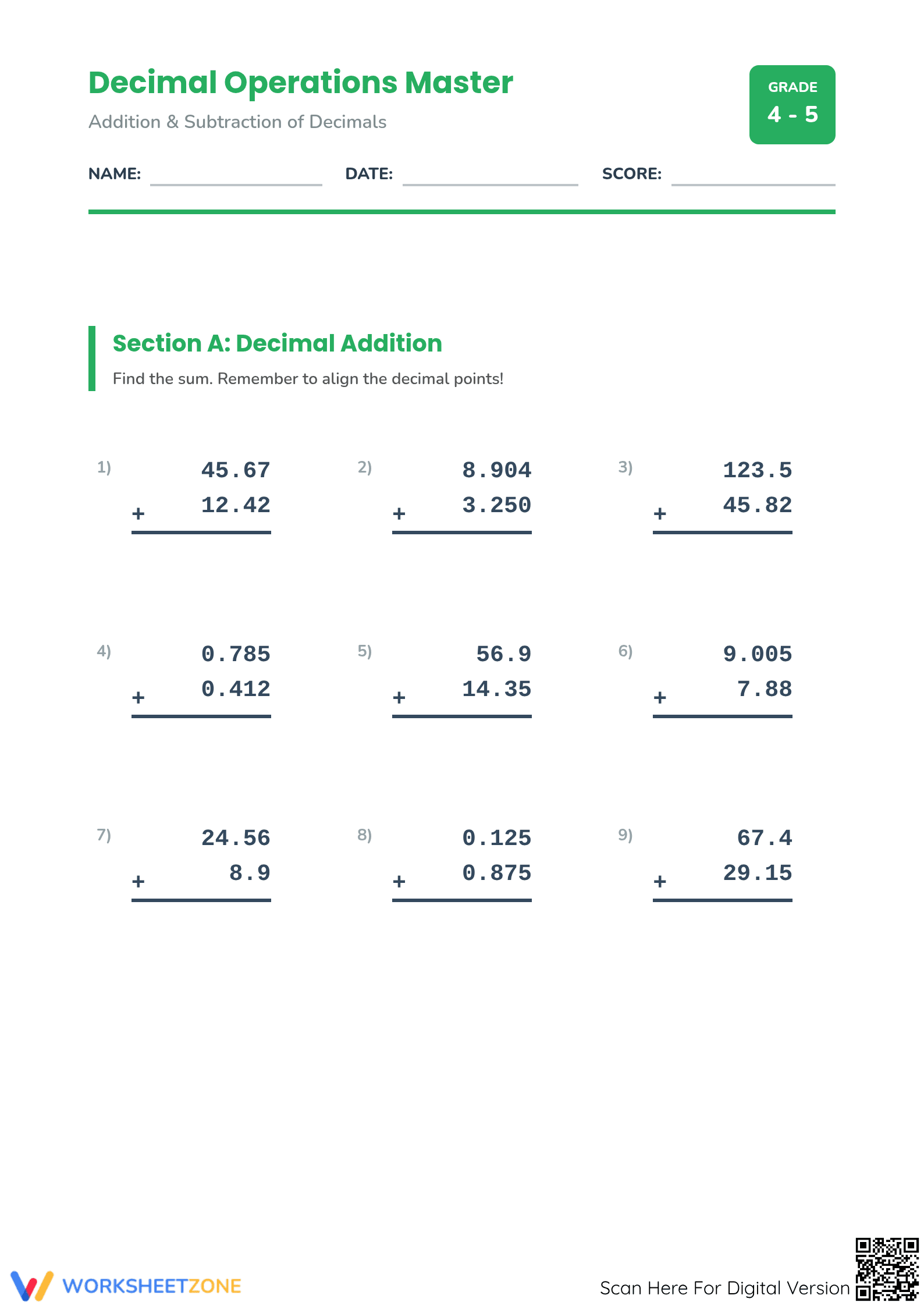 Printable Grade 5 Decimal Addition & Subtraction Worksheet - Page 1