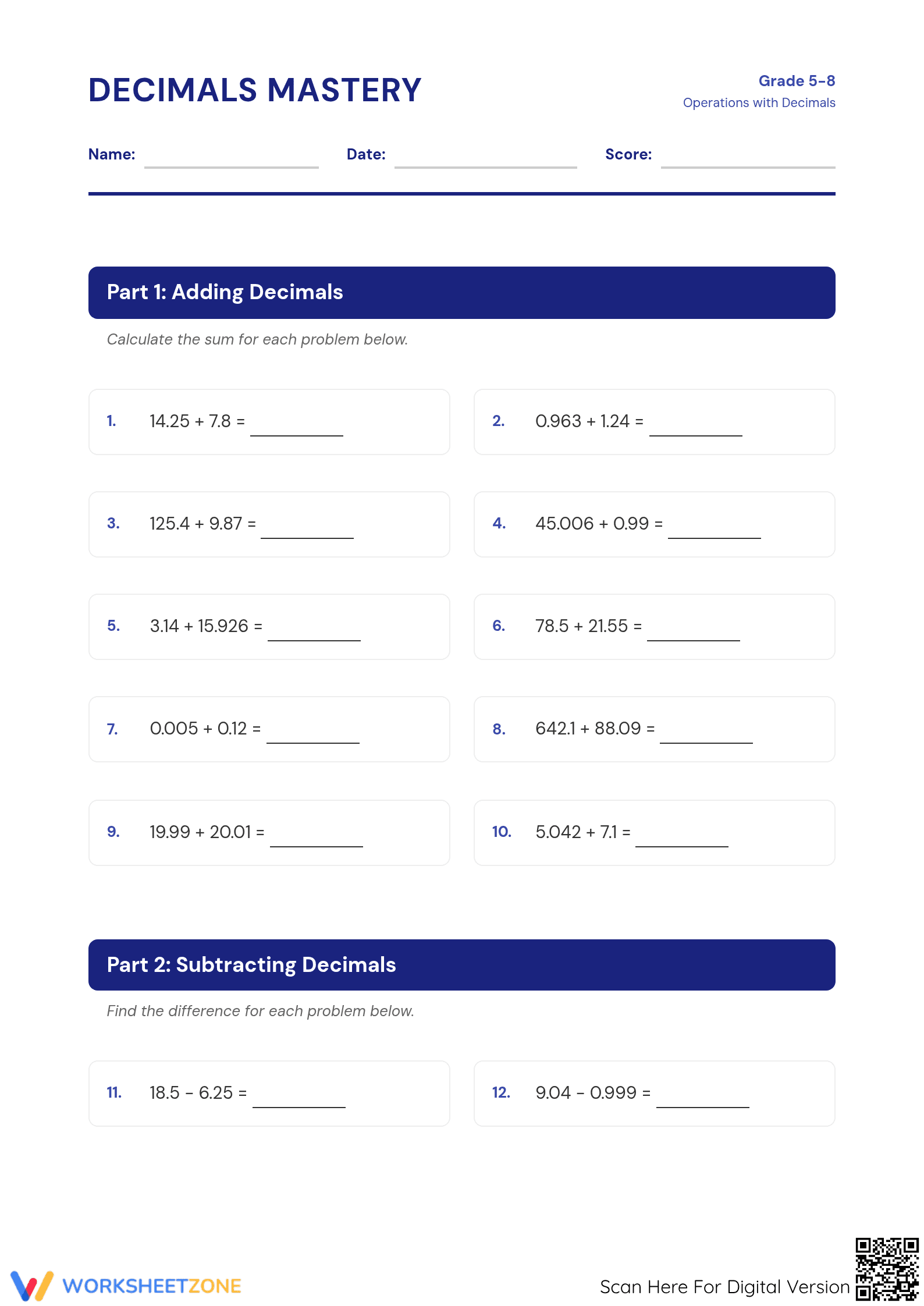 Essential Decimal Operations Practice | Printable Grade 6 - Page 1