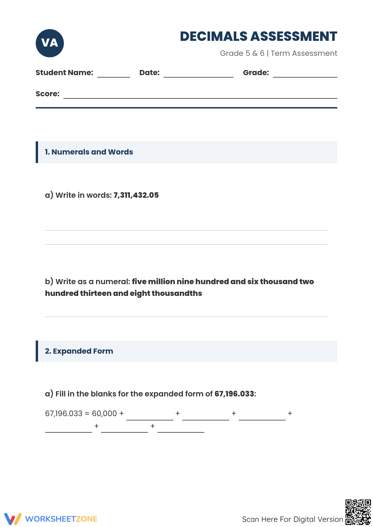Complete 5.NBT.A.3 Decimal Review Worksheet - Grade 5 Aligned - Page 1