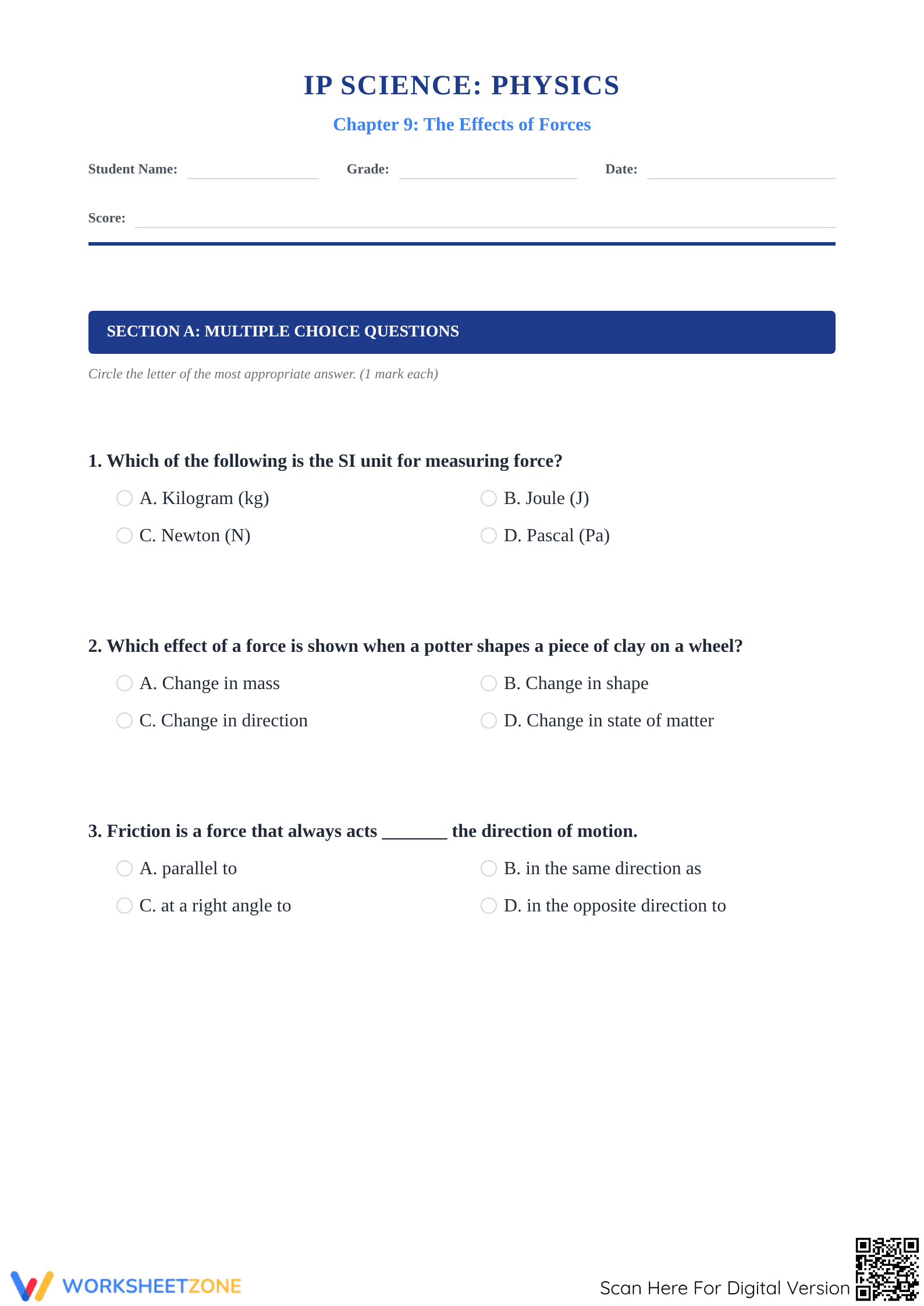 Effects of Forces Worksheet | Grade 7 Physics Printable - Page 1