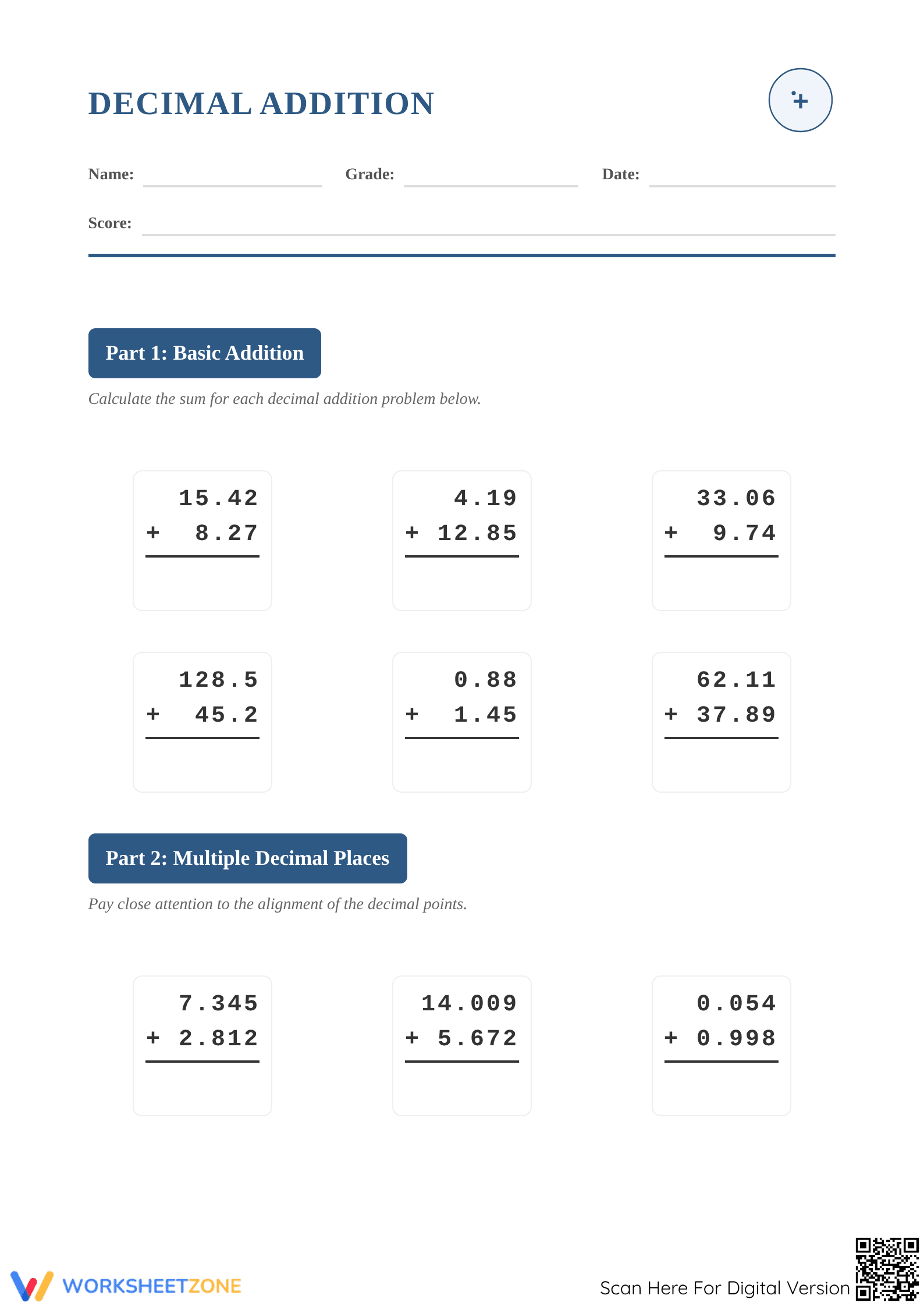 Printable Decimal Addition Worksheet | Complete Grade 5 Math - Page 1