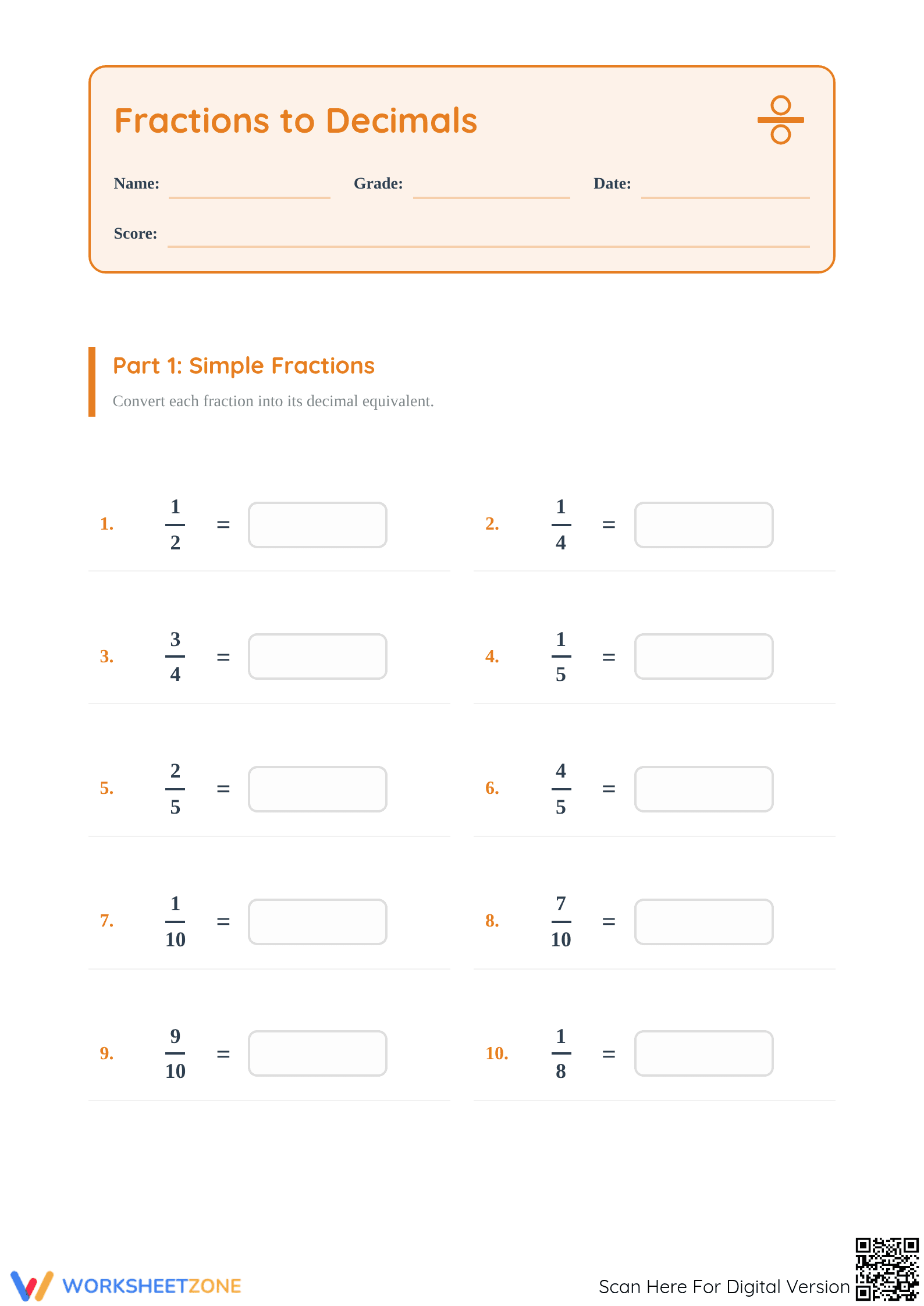 Fraction to Decimal Worksheet | Printable Grade 4-5 Math - Page 1