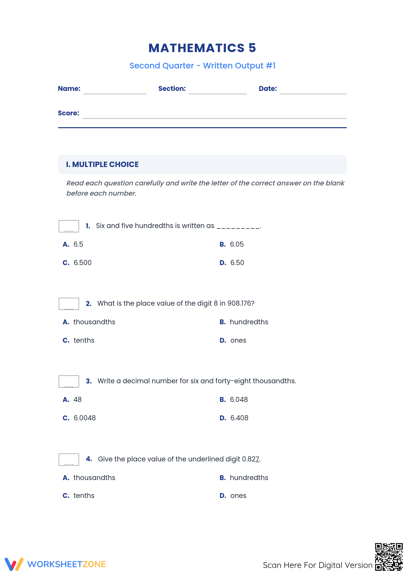 Grade 5 Decimals — Printable No-Prep Written Output Test - Page 1