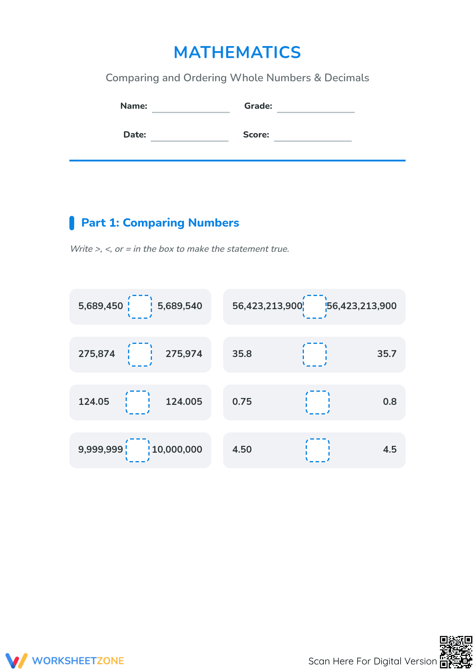 Essential Decimals Worksheet: Place Value, Add & Subtract - Page 1