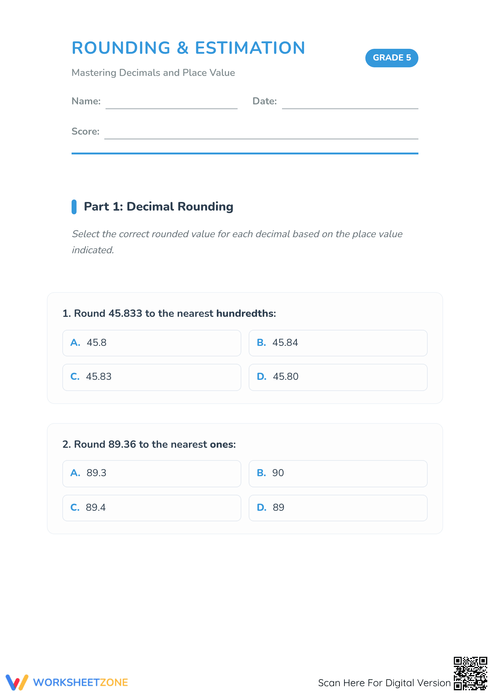 Printable Rounding Decimals Worksheet | Grade 5 Math Aligned - Page 1
