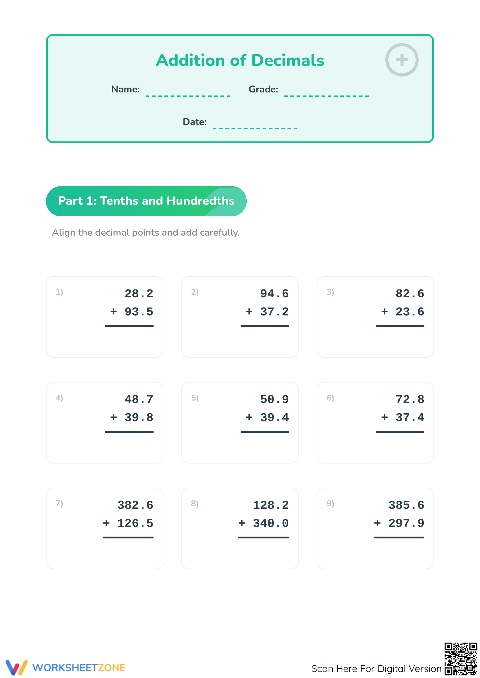 Printable Addition of Decimals Practice | Grades 4-7 - Page 1